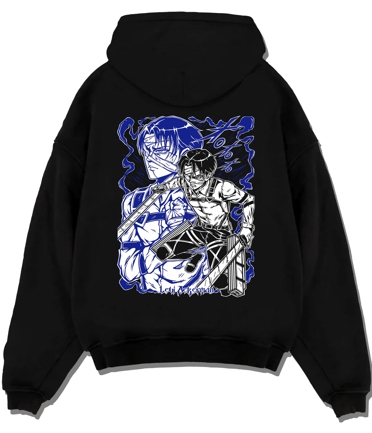 Black hoodie flat back view showing Levi Ackerman from Attack on Titan: blue manga portrait