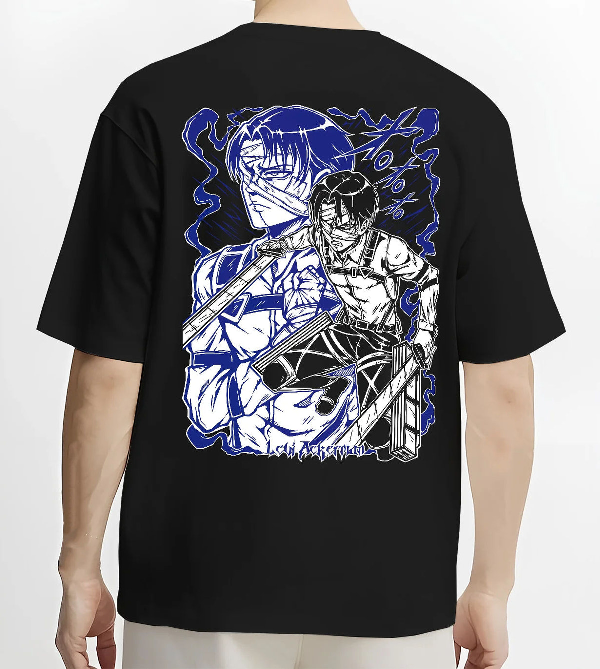 Black T-shirt model back view showing Levi Ackerman from Attack on Titan: blue manga portrait