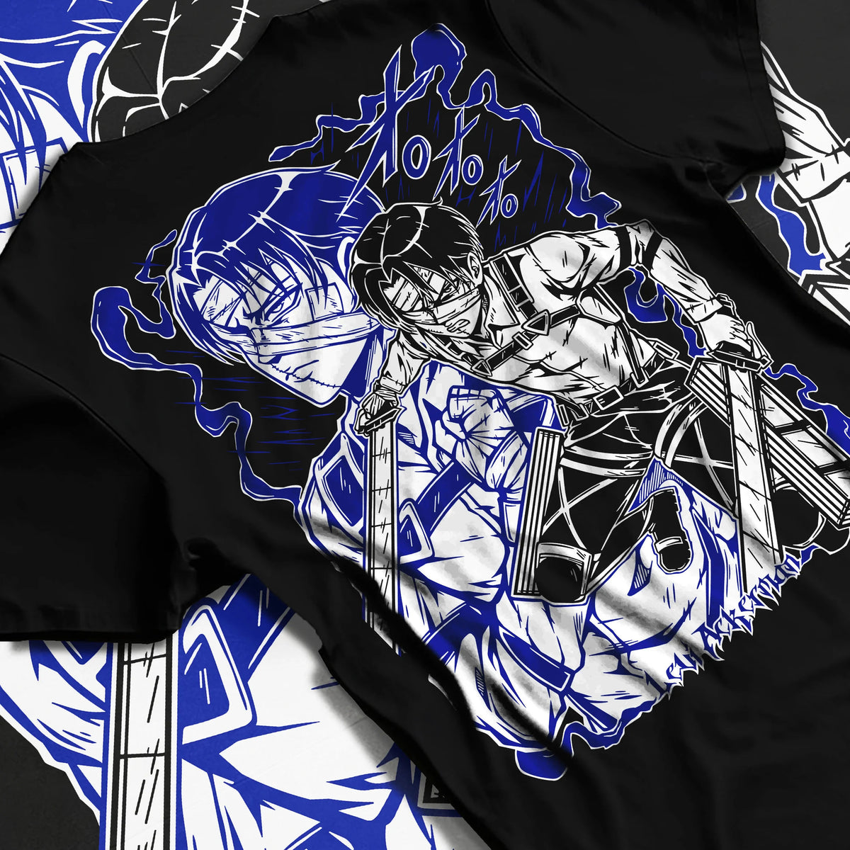 Black T-shirt flat back view showing Levi Ackerman from Attack on Titan: blue manga portrait