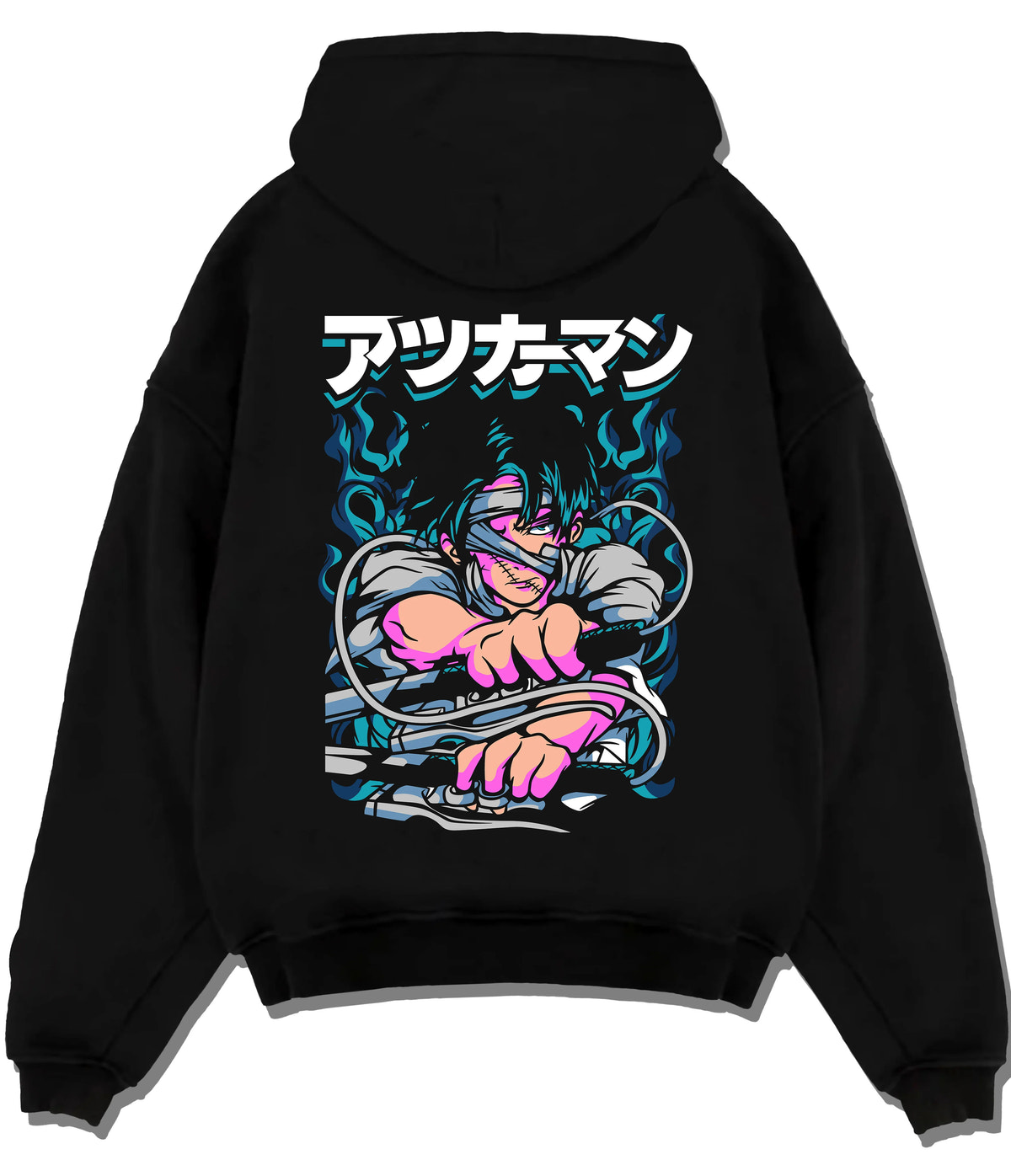 Black hoodie flat back view showing Levi Ackerman from Attack on Titan: green/blue manga action