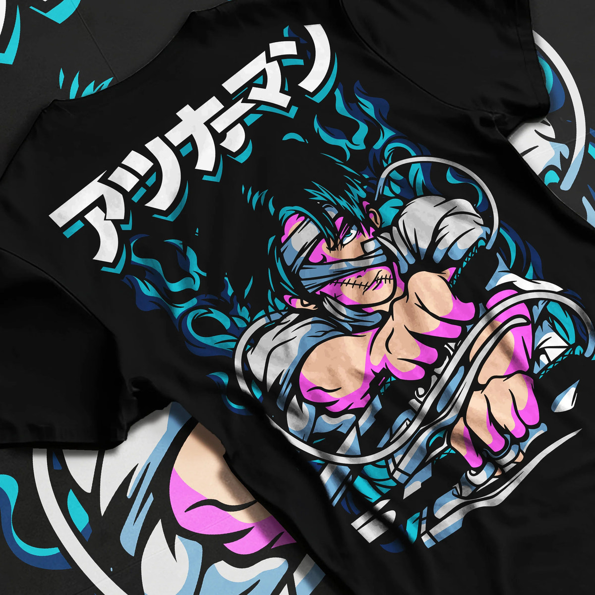 Black T-shirt flat back view showing Levi Ackerman from Attack on Titan: green/blue manga action