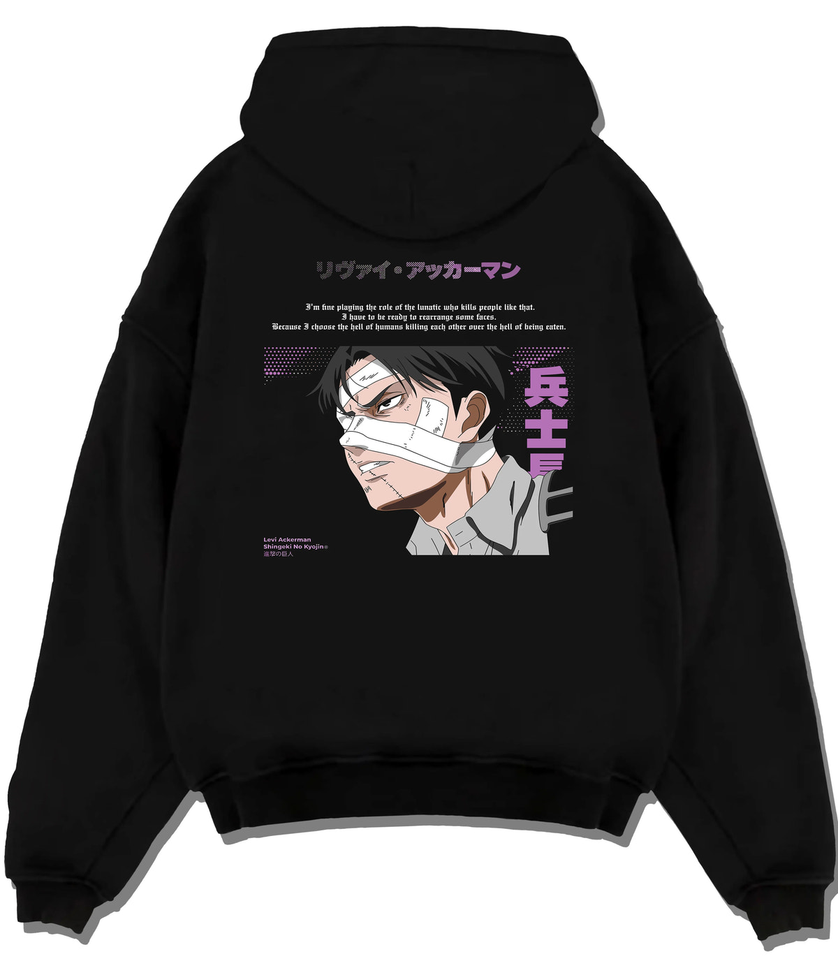 Black hoodie flat back view showing Levi Ackerman from Attack on Titan: bandaged eye manga portrait