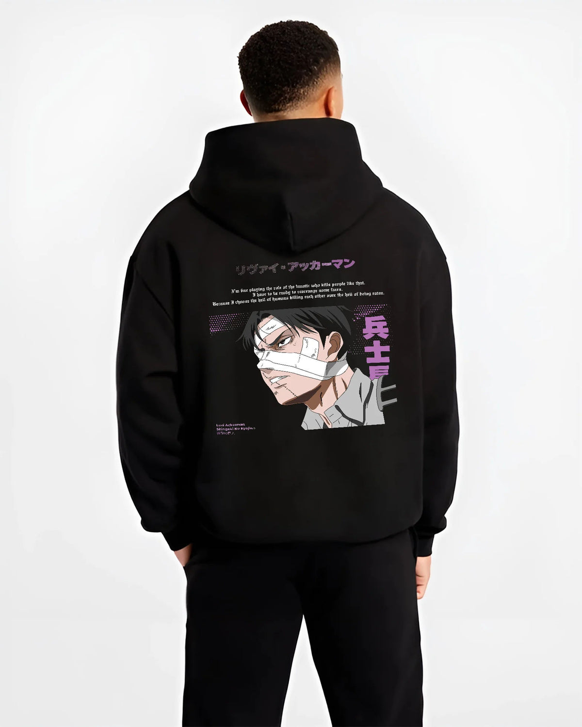 Black hoodie model back view showing Levi Ackerman from Attack on Titan: bandaged eye manga portrait