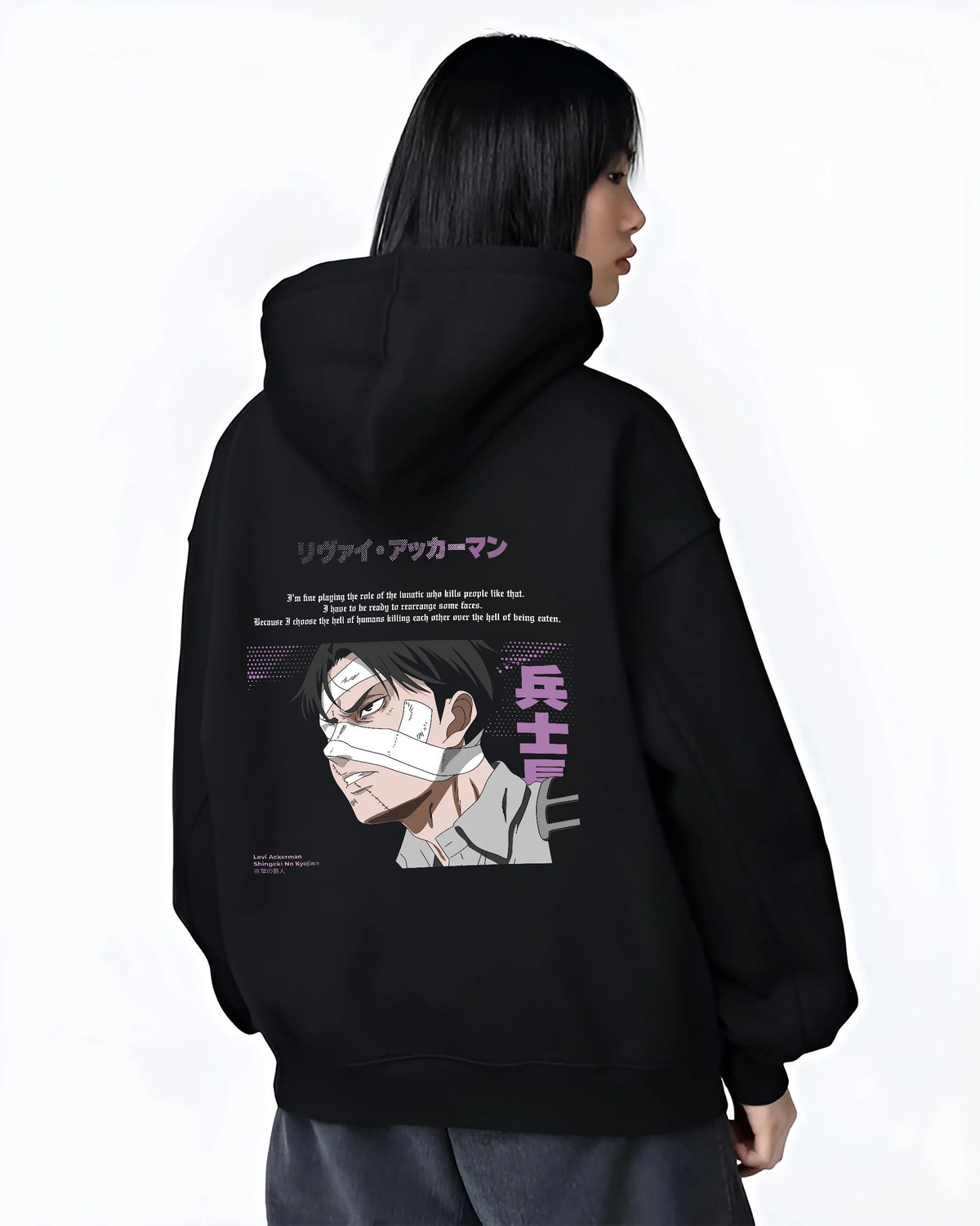 Black hoodie female model back view showing Levi Ackerman from Attack on Titan: bandaged eye manga portrait