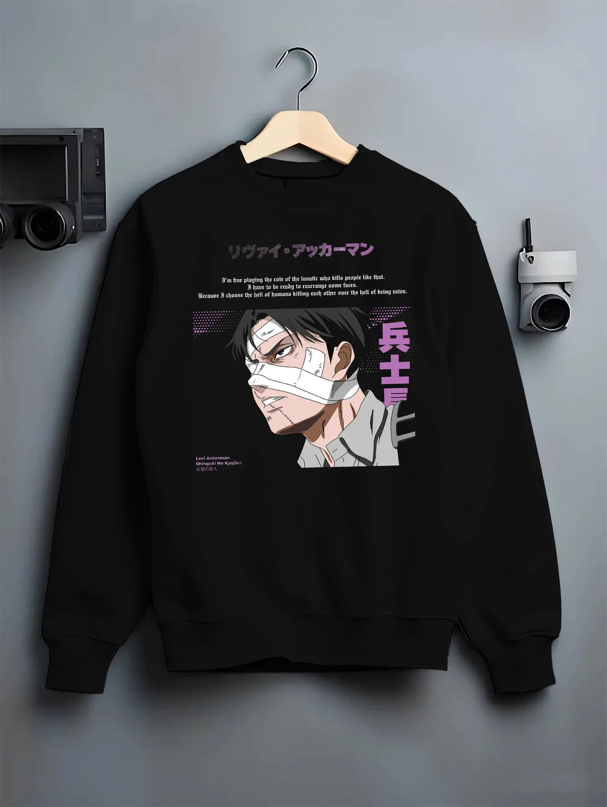 Black crewneck sweatshirt on hanger showing Levi Ackerman from Attack on Titan: bandaged eye manga portrait