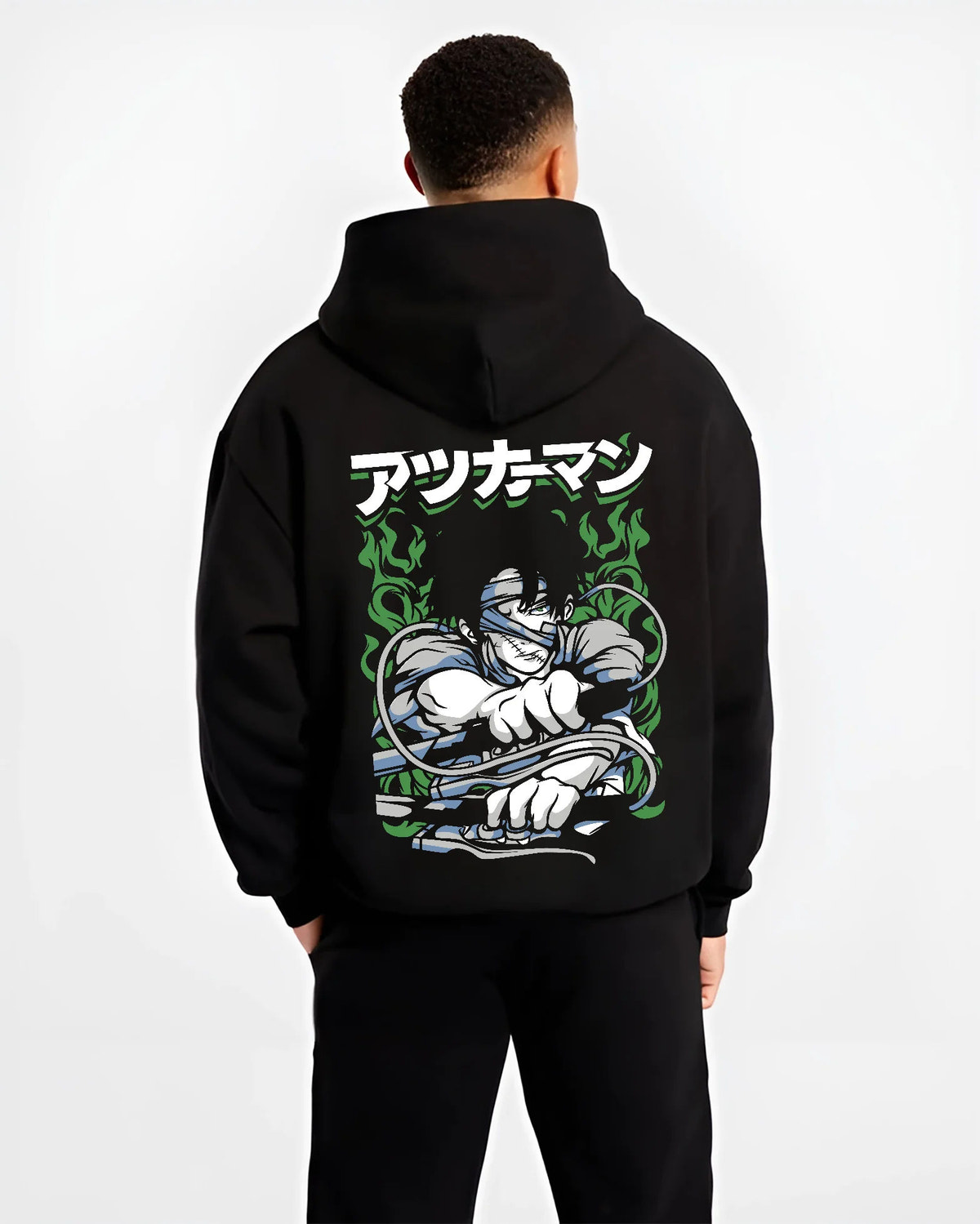 Black hoodie model back view showing Levi Ackerman from Attack on Titan: arms-folded Survey Corps portrait