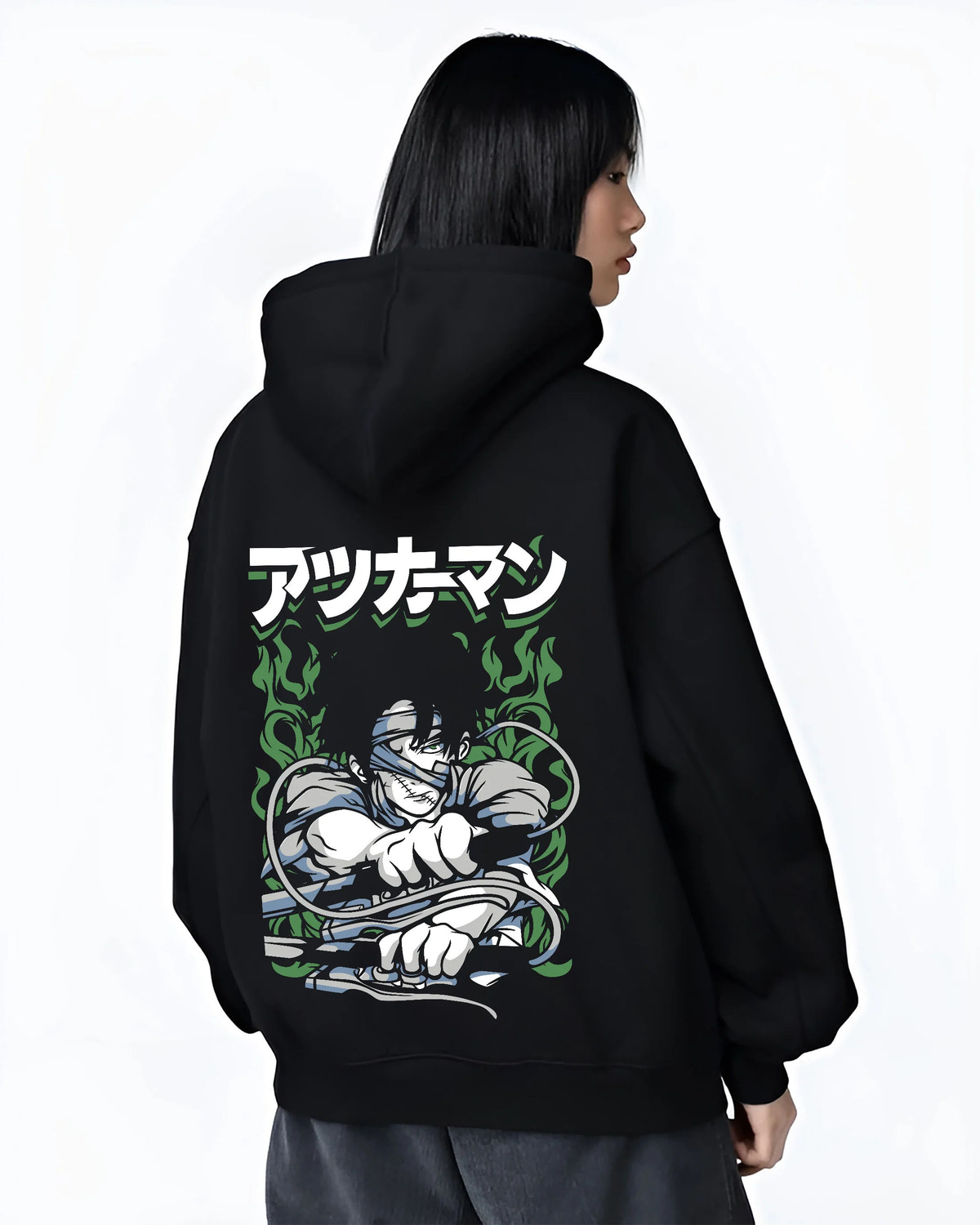 Black hoodie female model back view showing Levi Ackerman from Attack on Titan: arms-folded Survey Corps portrait