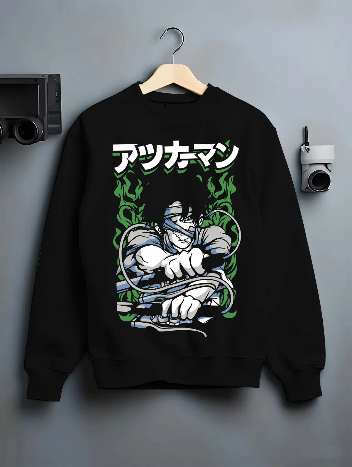 Black crewneck sweatshirt on hanger showing Levi Ackerman from Attack on Titan: arms-folded Survey Corps portrait
