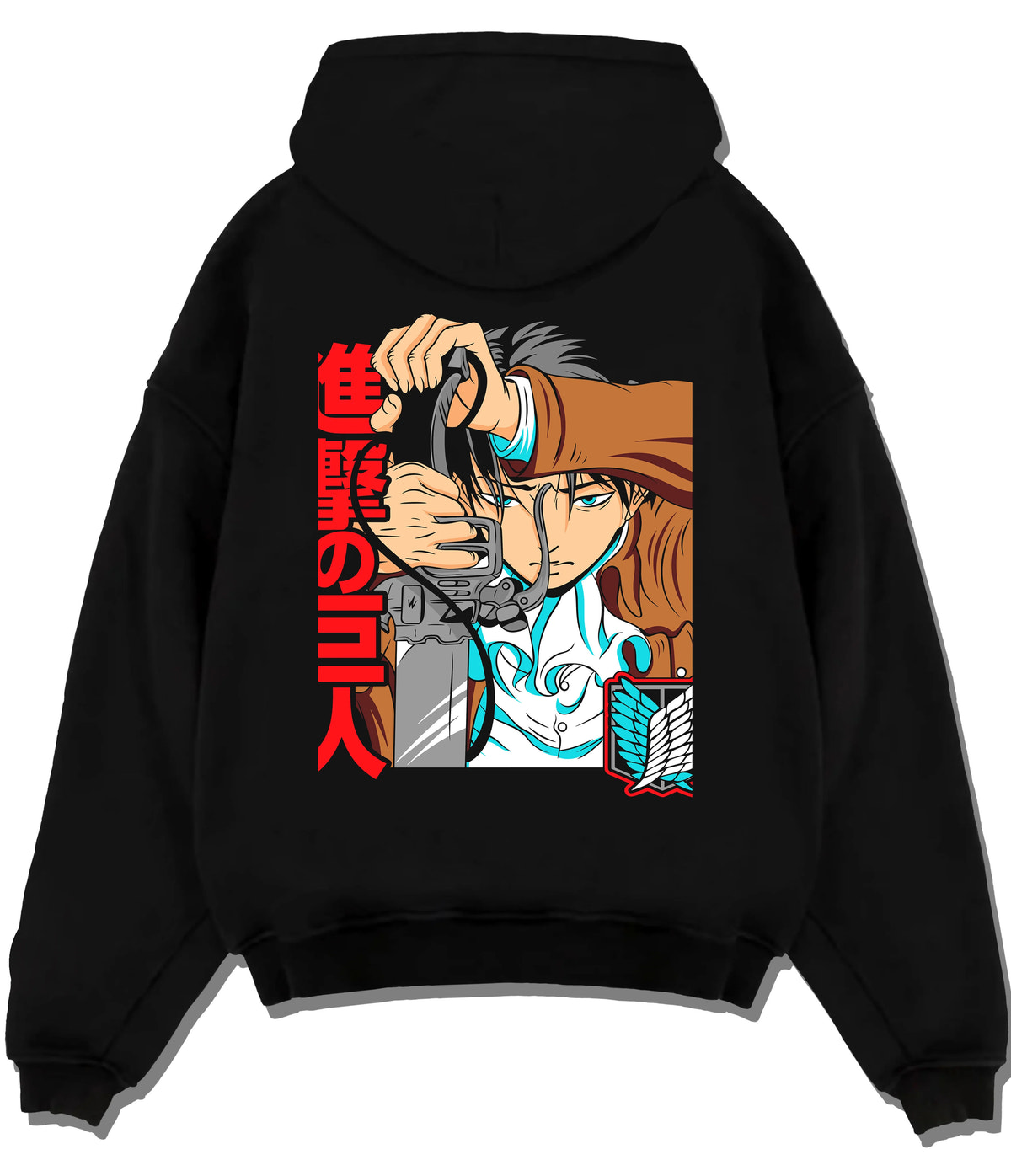 Black hoodie flat back view showing Levi Ackerman from Attack on Titan: forehead bandage close-up