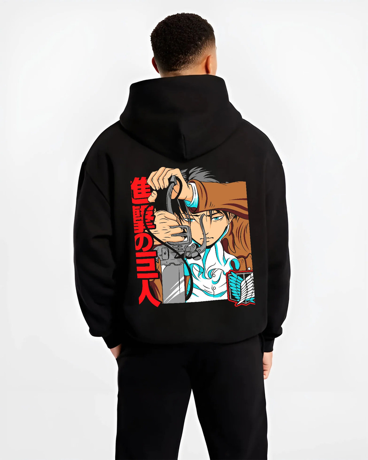 Black hoodie model back view showing Levi Ackerman from Attack on Titan: forehead bandage close-up