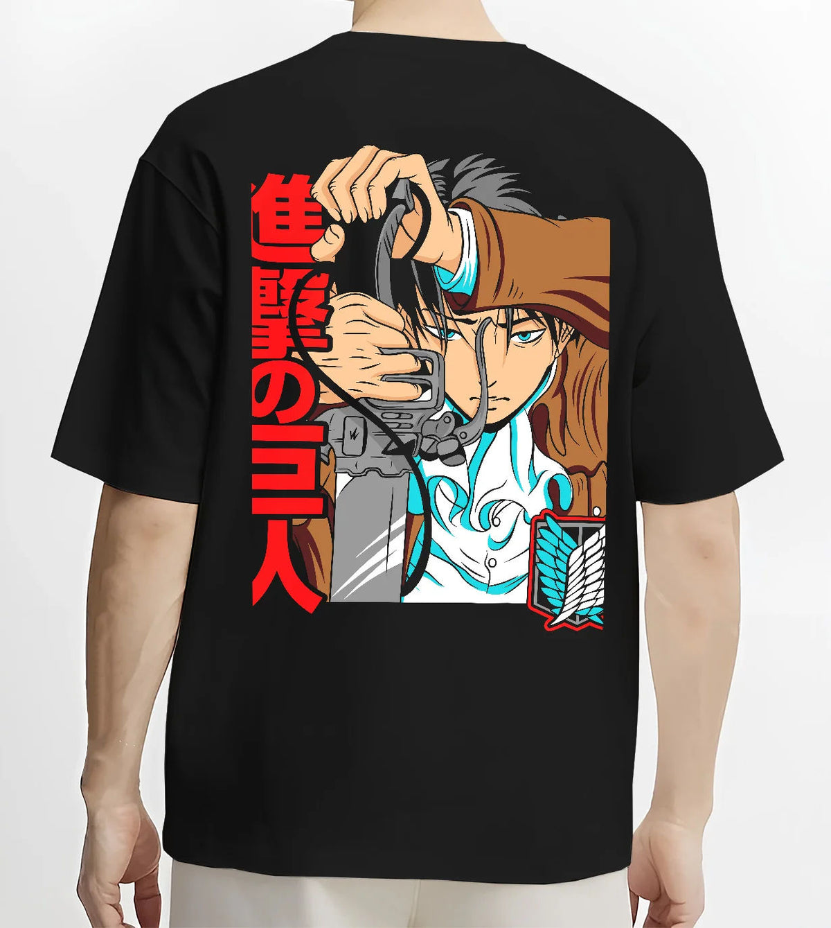 Black T-shirt model back view showing Levi Ackerman from Attack on Titan: forehead bandage close-up