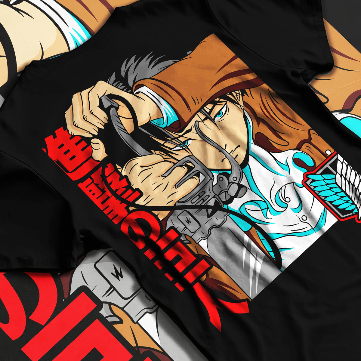Black T-shirt flat back view showing Levi Ackerman from Attack on Titan: forehead bandage close-up