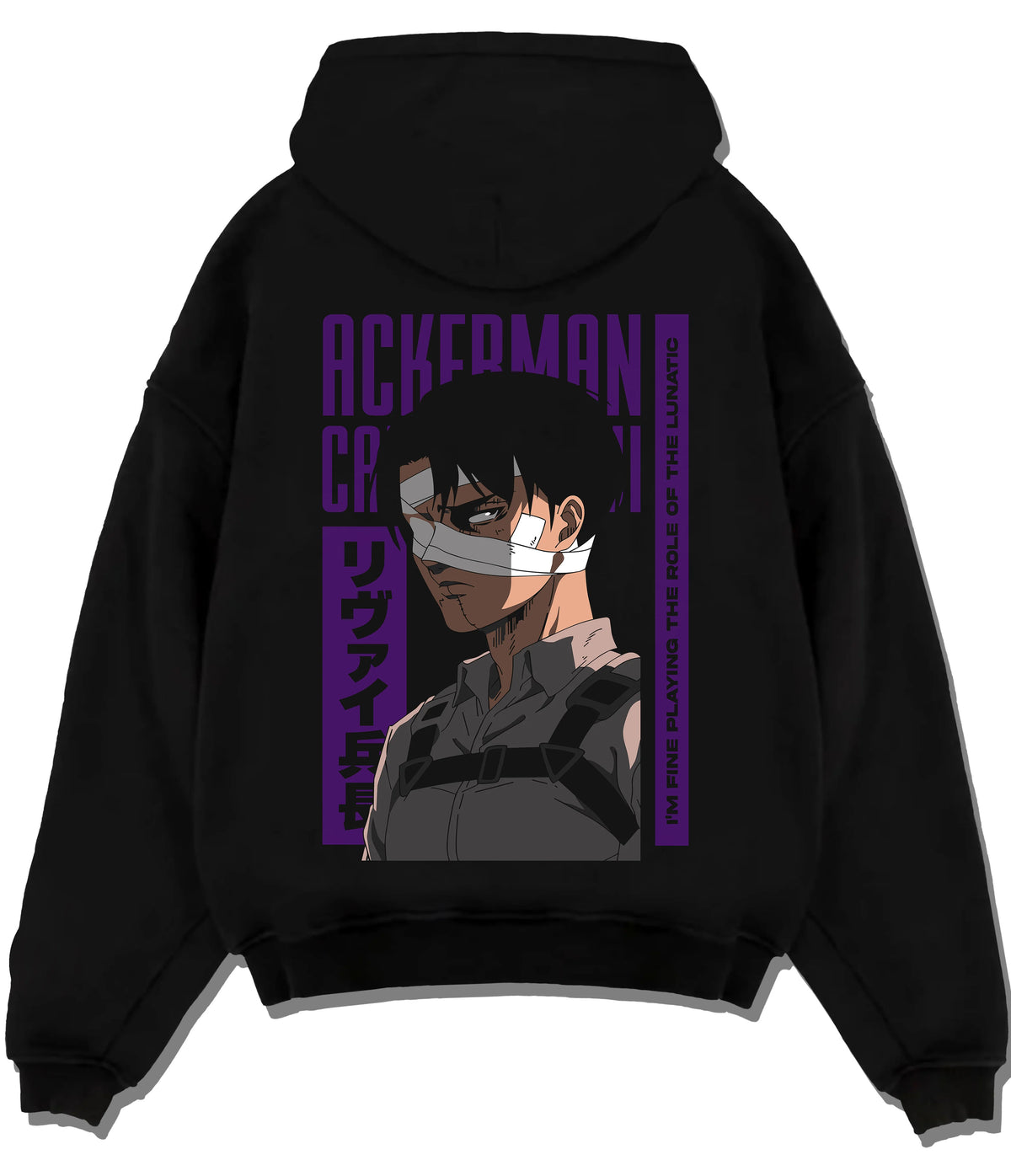 Black hoodie flat back view showing Levi Ackerman from Attack on Titan: Ackerman portrait