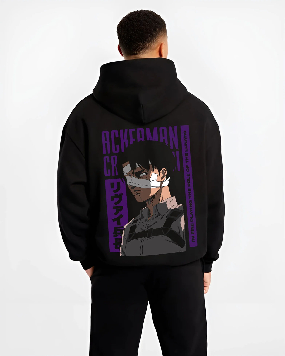 Black hoodie model back view showing Levi Ackerman from Attack on Titan: Ackerman portrait