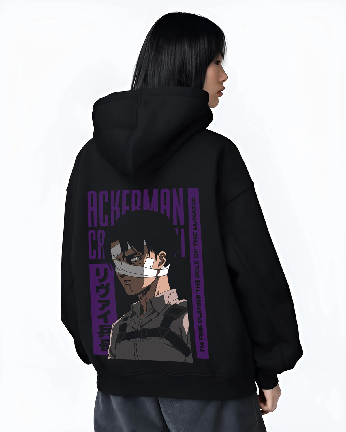 Black hoodie female model back view showing Levi Ackerman from Attack on Titan: Ackerman portrait