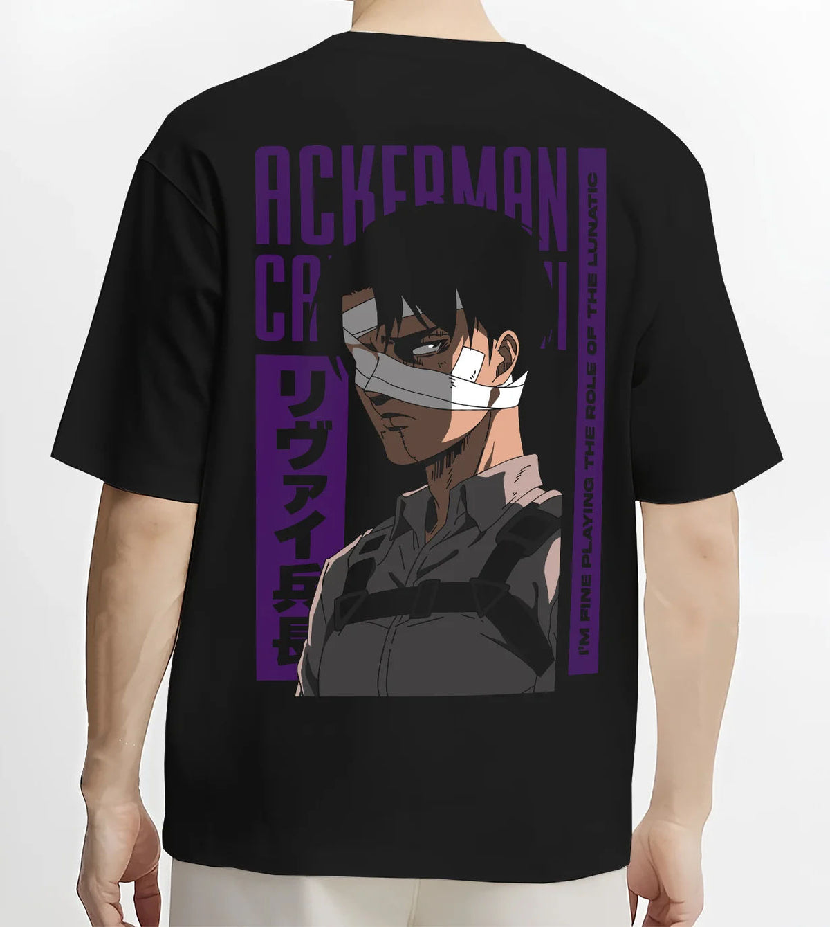 Black T-shirt model back view showing Levi Ackerman from Attack on Titan: Ackerman portrait