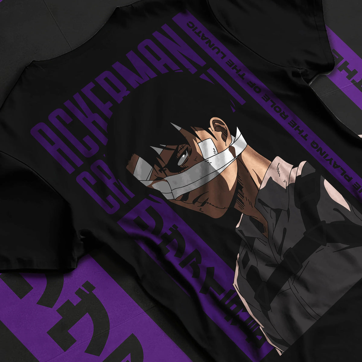 Black T-shirt flat back view showing Levi Ackerman from Attack on Titan: Ackerman portrait