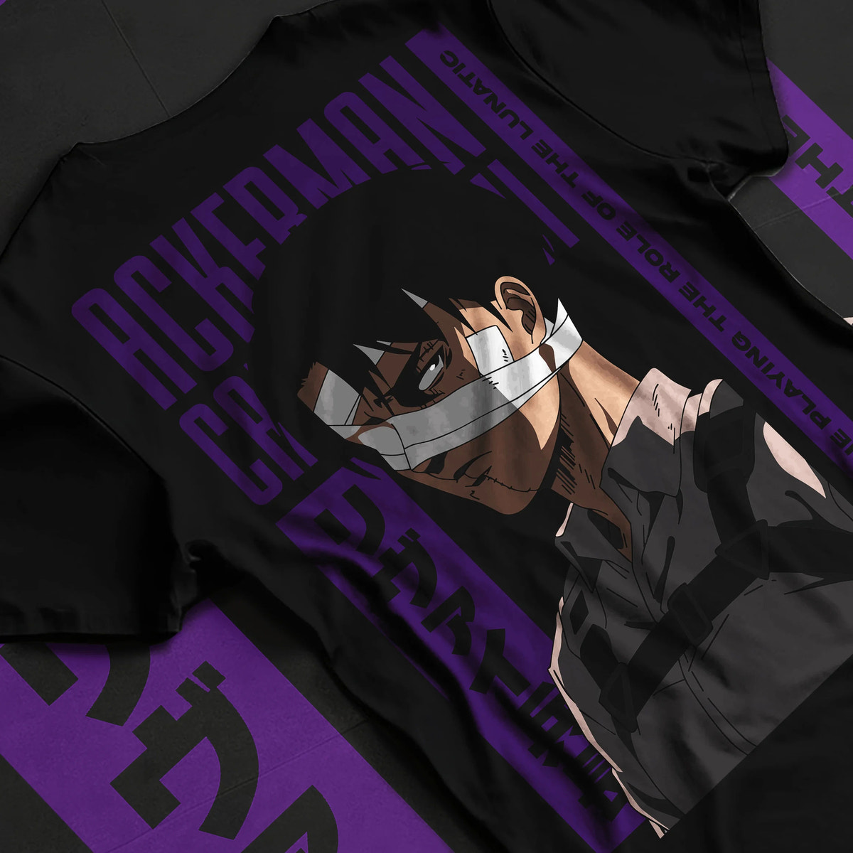 Black T-shirt flat back view showing Levi Ackerman from Attack on Titan: Ackerman portrait