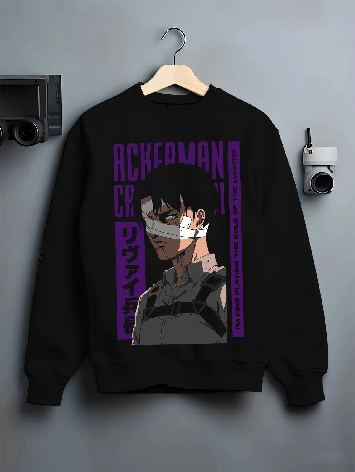 Black crewneck sweatshirt on hanger showing Levi Ackerman from Attack on Titan: Ackerman portrait