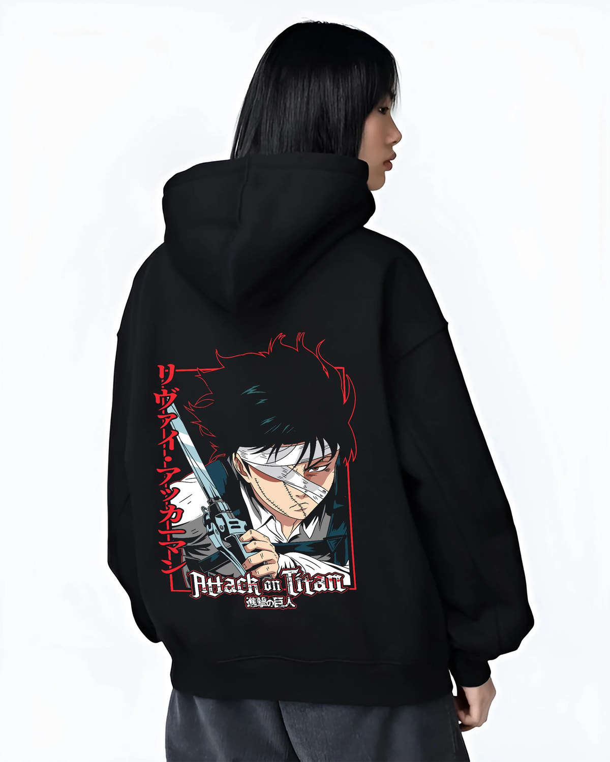 Black hoodie female model back view showing Levi Ackerman from Attack on Titan: dual swords attack