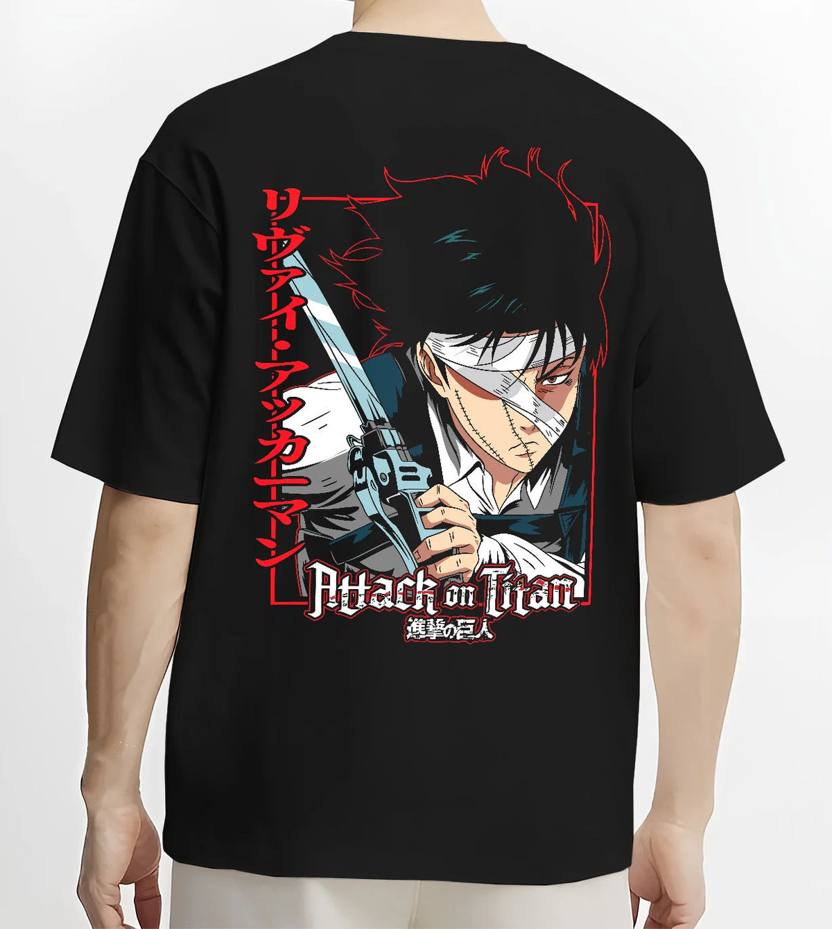 Black T-shirt model back view showing Levi Ackerman from Attack on Titan: dual swords attack