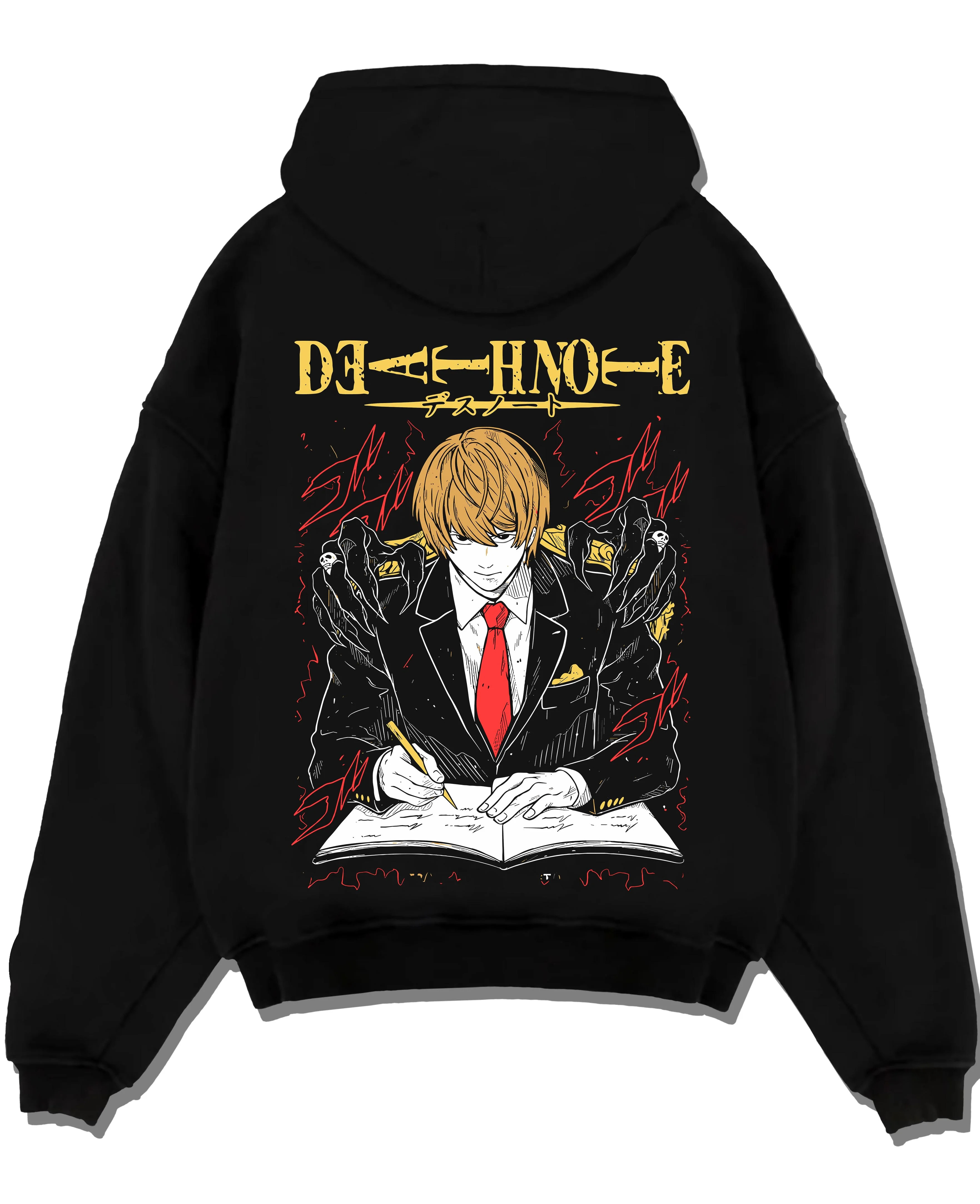 Black pullover hoodie laid flat with Light Yagami Hoodie Death Note Kira Retro Villain graphic premium wear.