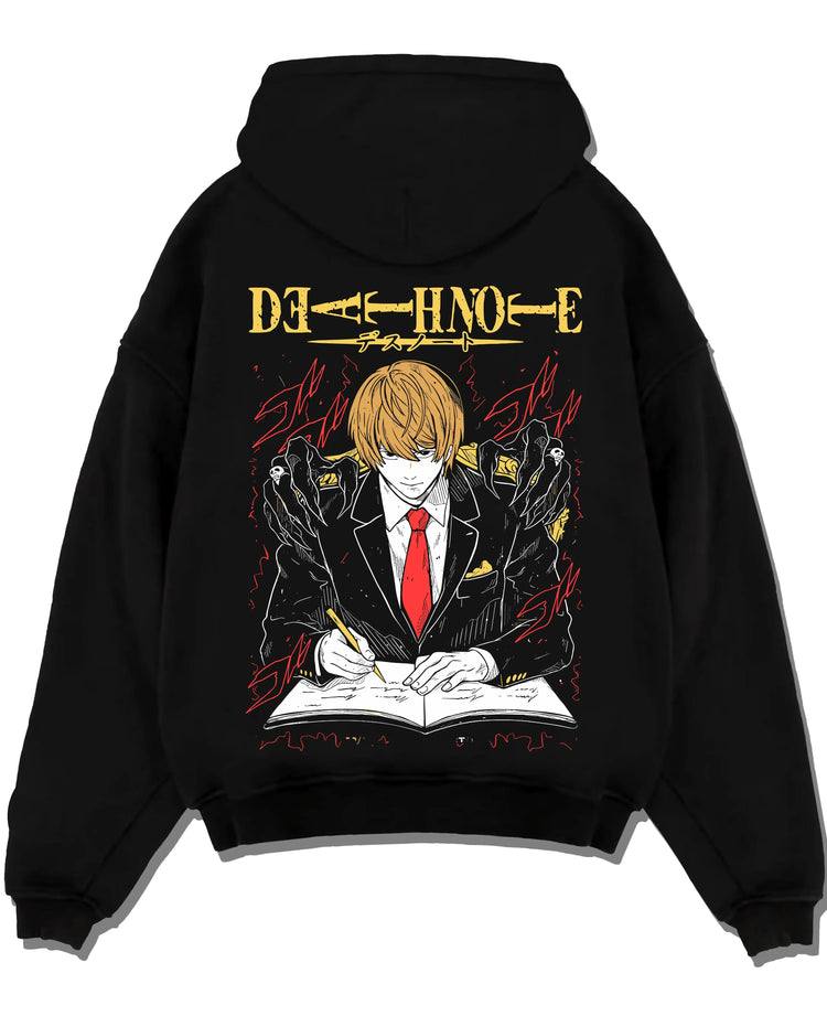 Black pullover hoodie laid flat with Light Yagami Hoodie Death Note Kira Retro Villain graphic premium wear.