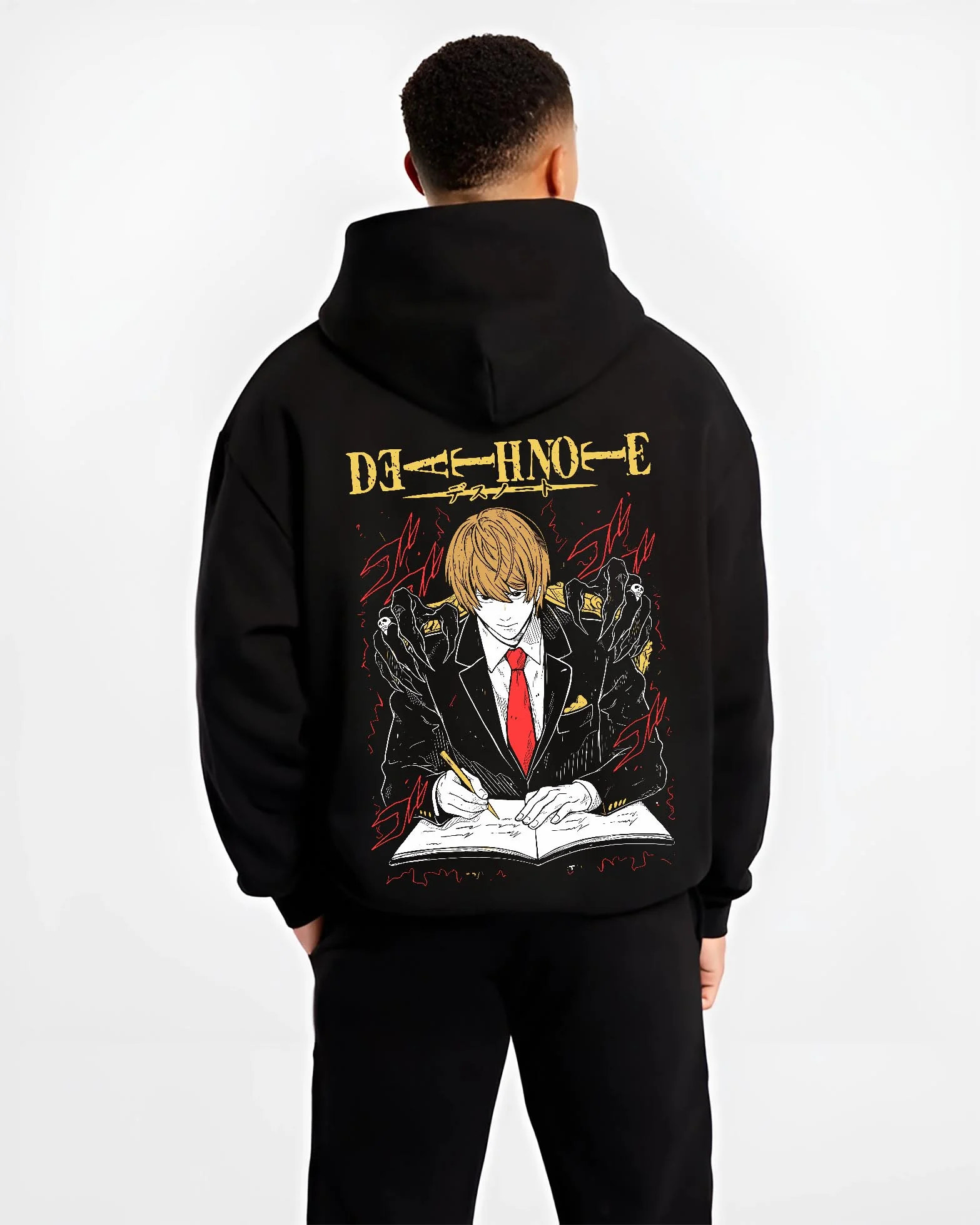 Black hoodie worn by male model, back view with Light Yagami Hoodie Death Note Kira Retro Villain graphic premium wear.