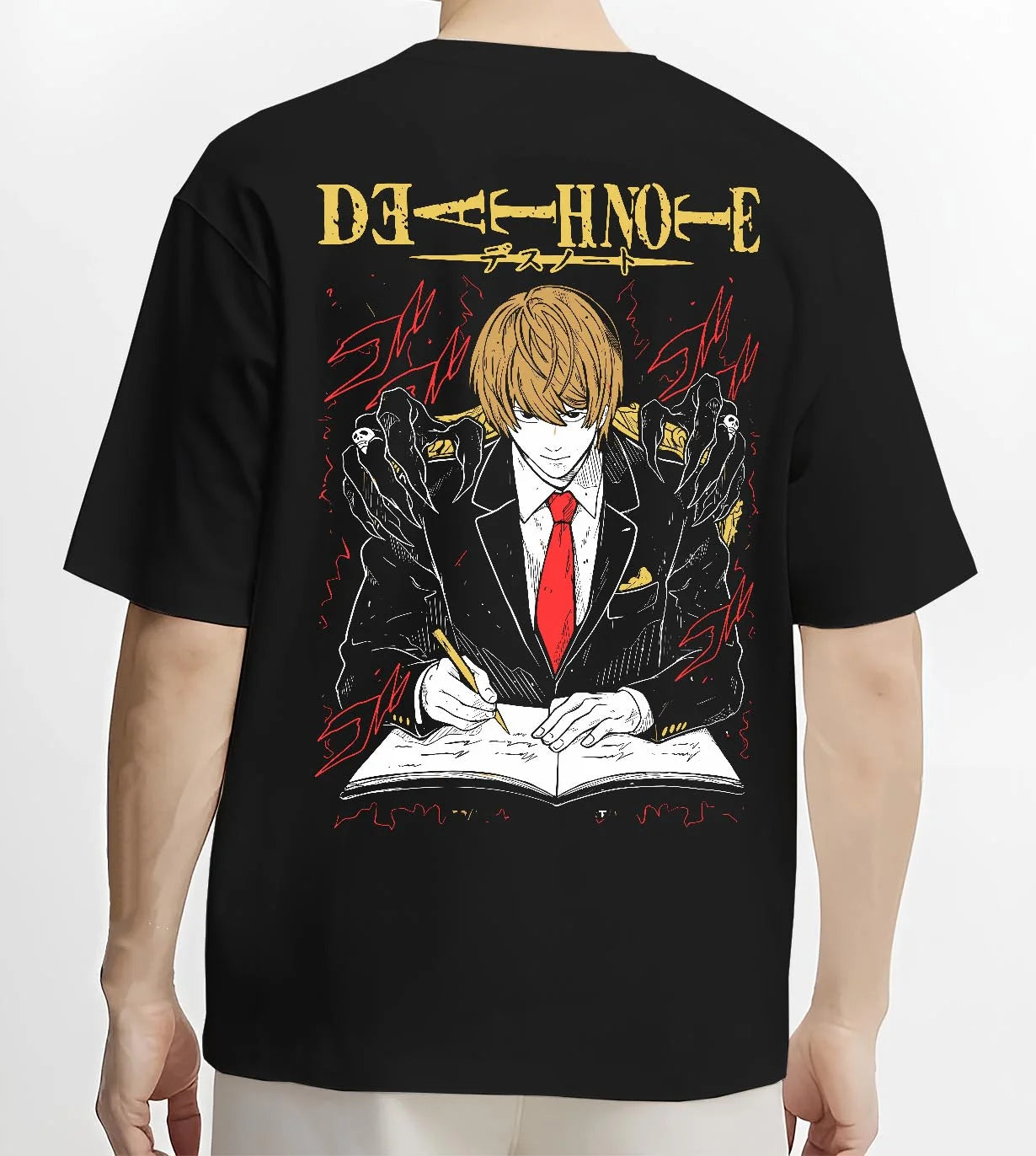 Black T-shirt worn by male model, back view with Light Yagami Hoodie Death Note Kira Retro Villain graphic streetwear graphic.