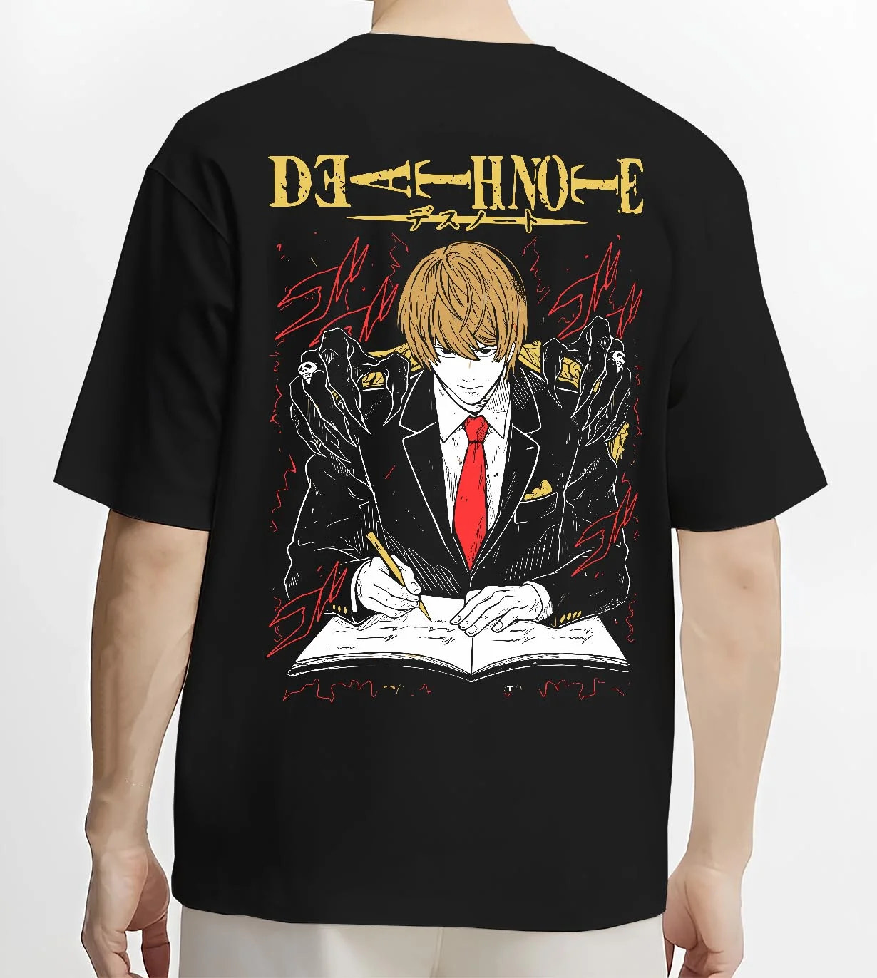 Black T-shirt worn by male model, back view with Light Yagami Hoodie Death Note Kira Retro Villain graphic streetwear graphic.