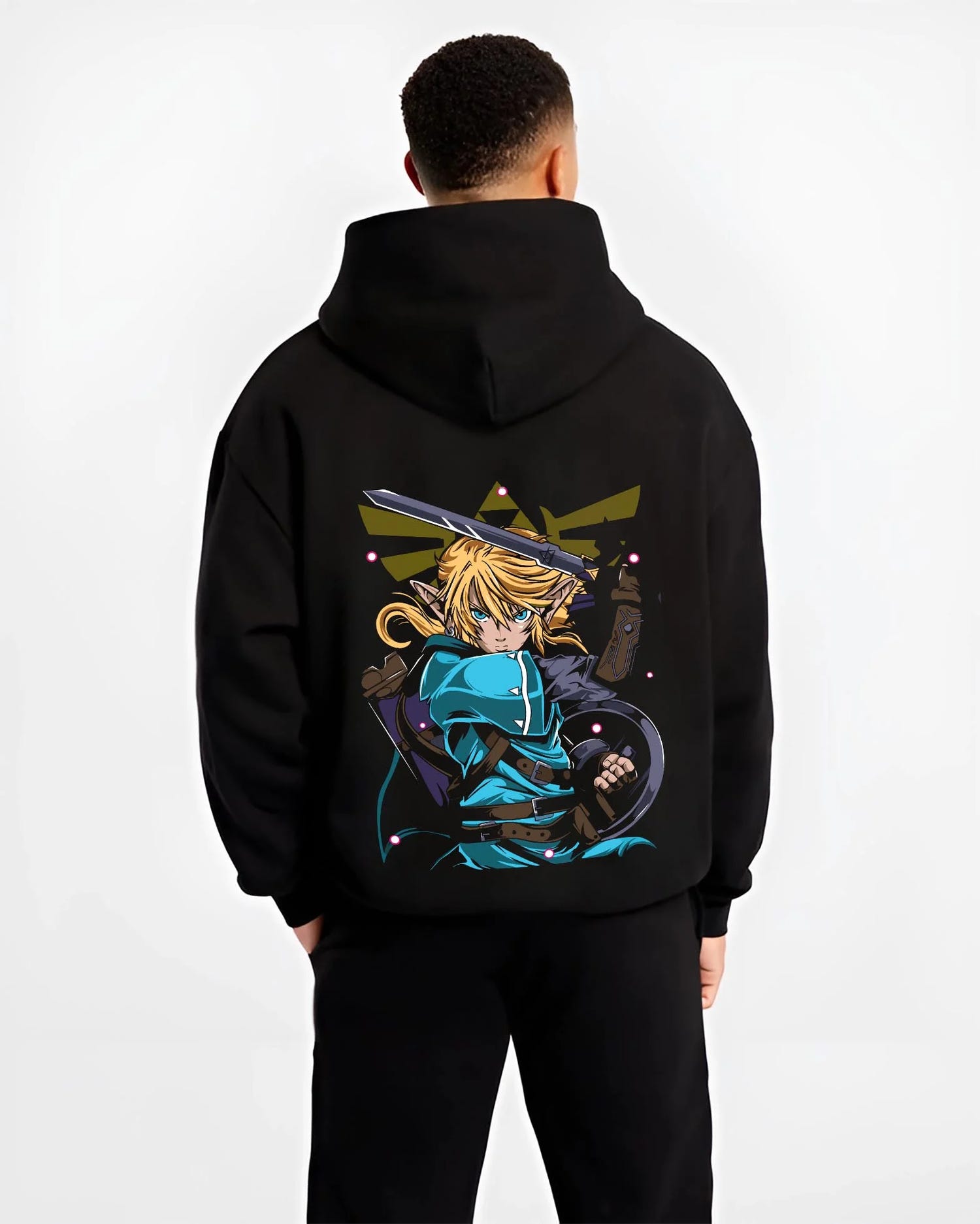 Black hoodie worn by male model, back view with King of Fighters Ryo Sakazaki Hoodie Fight graphic premium wear.