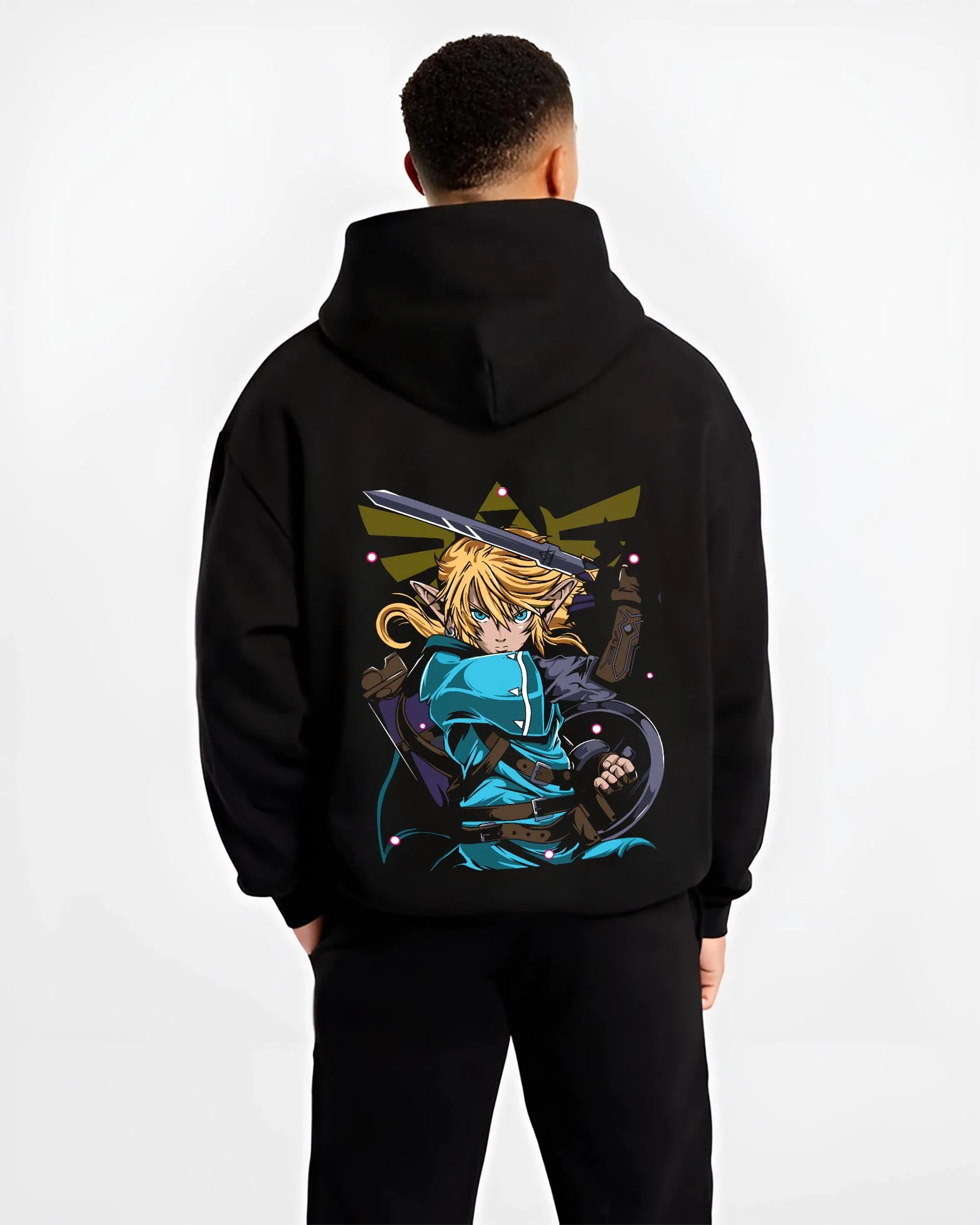 Black hoodie worn by male model, back view with King of Fighters Ryo Sakazaki Hoodie Fight graphic premium wear.