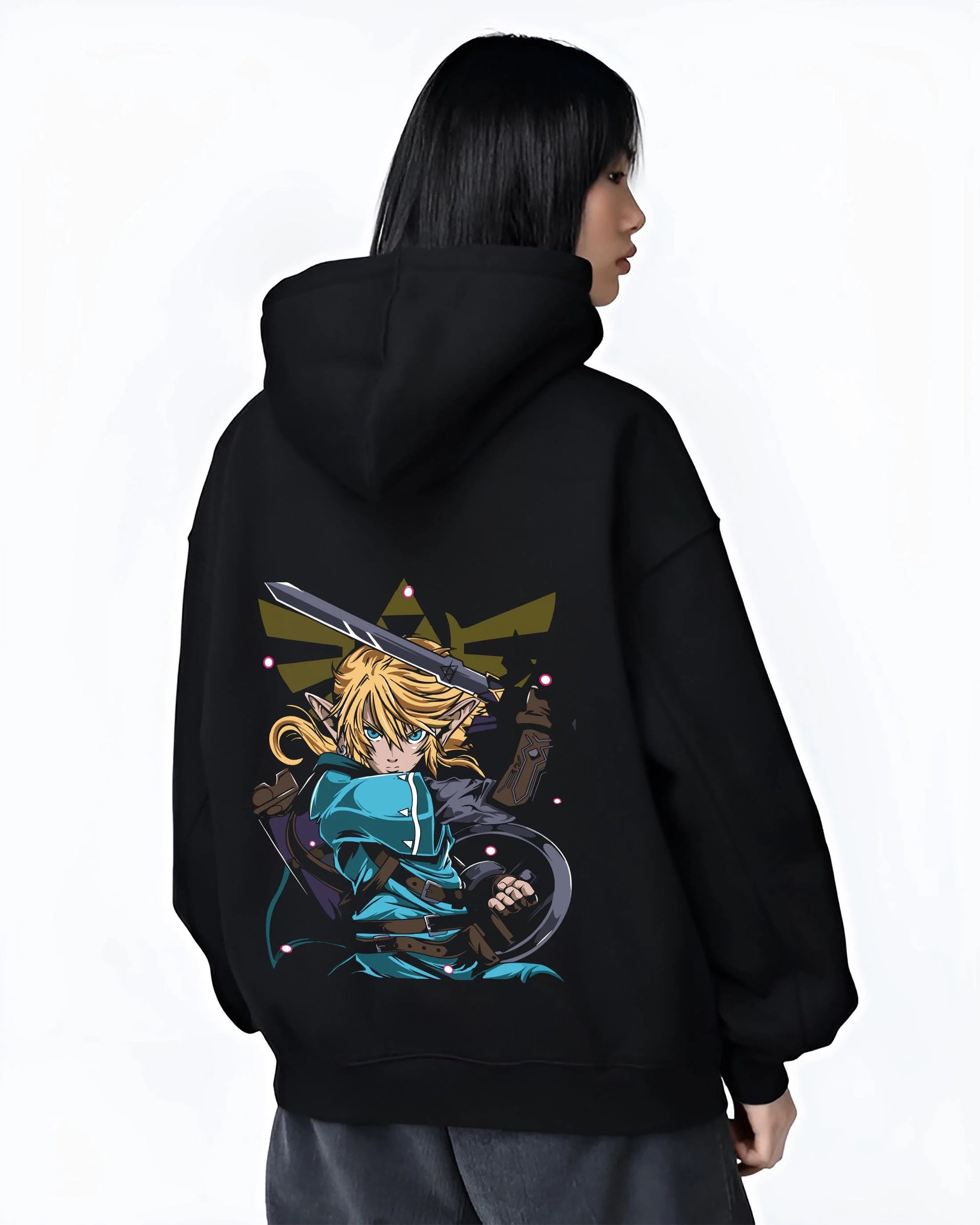Black hoodie worn by female model, back view with King of Fighters Ryo Sakazaki Hoodie Fight graphic bold anime graphic.
