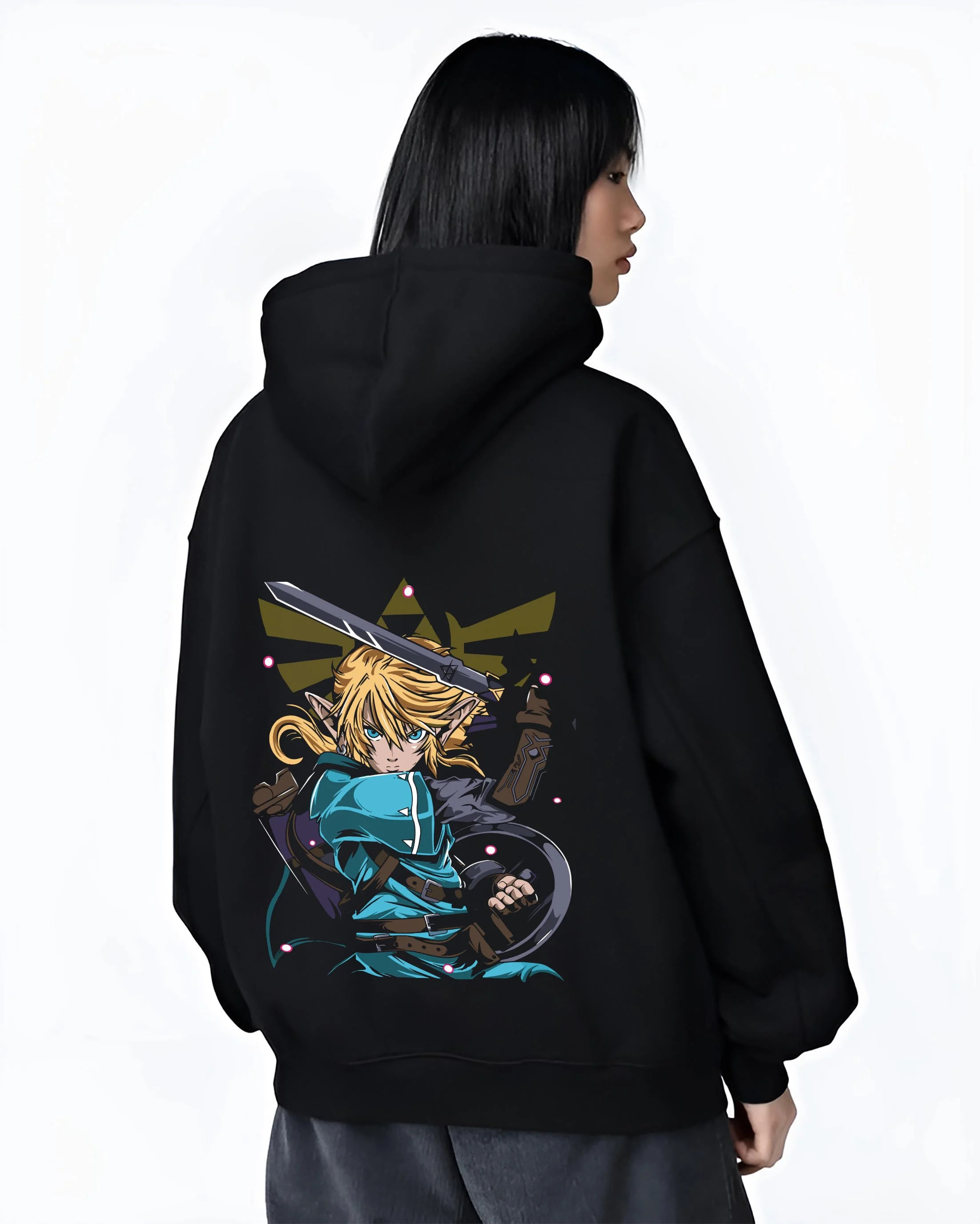 Black hoodie worn by female model, back view with King of Fighters Ryo Sakazaki Hoodie Fight graphic bold anime graphic.