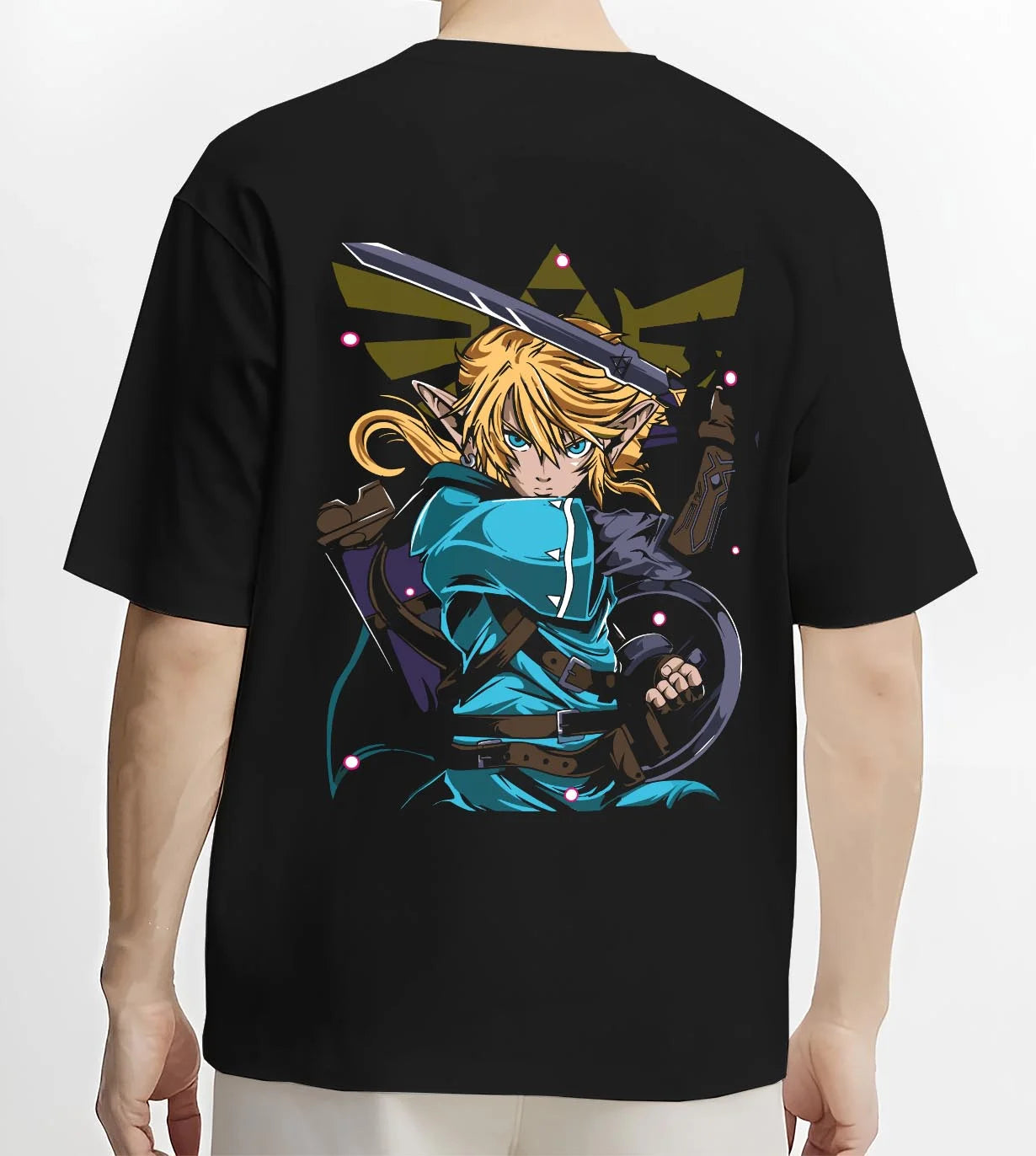 Black T-shirt worn by male model, back view with King of Fighters Ryo Sakazaki Hoodie Fight graphic streetwear graphic.