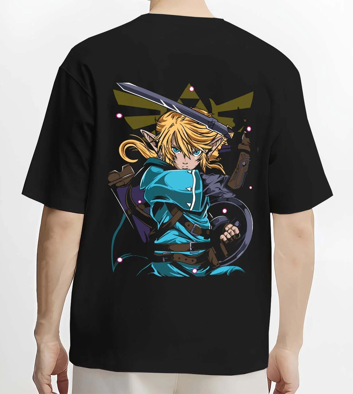 Black T-shirt worn by male model, back view with King of Fighters Ryo Sakazaki Hoodie Fight graphic streetwear graphic.