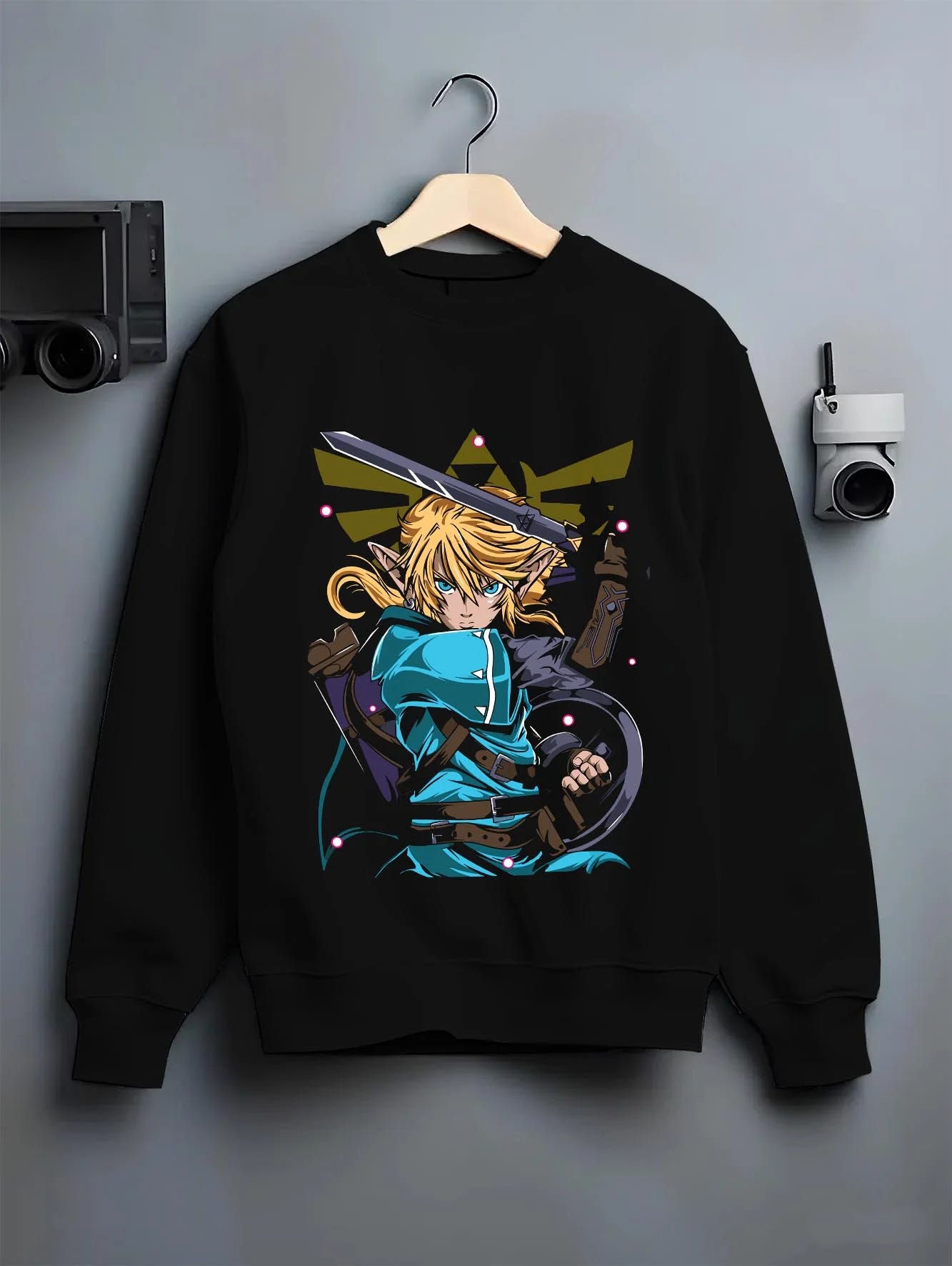 Black crewneck sweatshirt on hanger with King of Fighters Ryo Sakazaki Hoodie Fight graphic streetwear graphic.