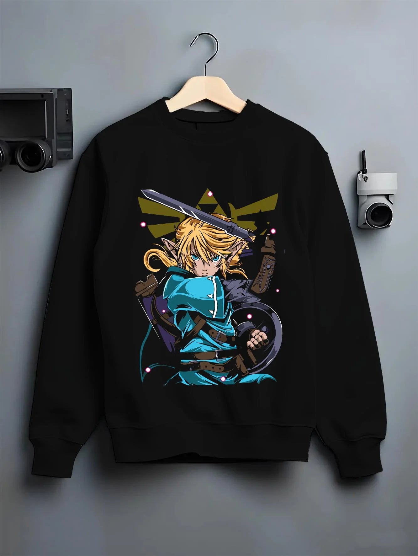 Black crewneck sweatshirt on hanger with King of Fighters Ryo Sakazaki Hoodie Fight graphic streetwear graphic.