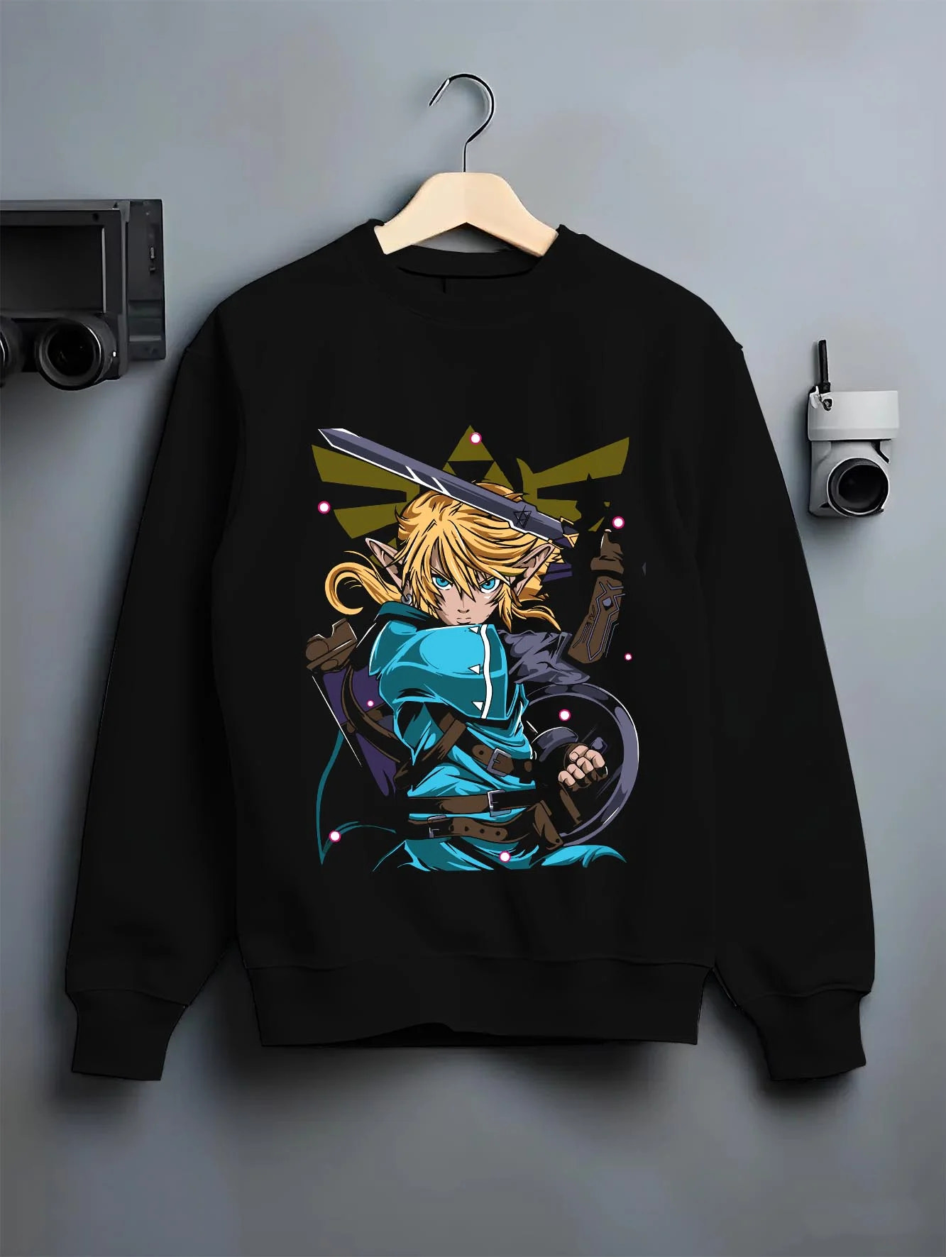 Black crewneck sweatshirt on hanger with King of Fighters Ryo Sakazaki Hoodie Fight graphic streetwear graphic.