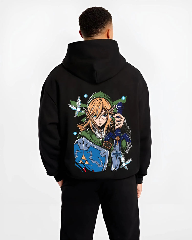 Black hoodie worn by male model, back view with Demon Slayer Douma Eye Mask Hoodie Upper Moon graphic bold anime graphic.