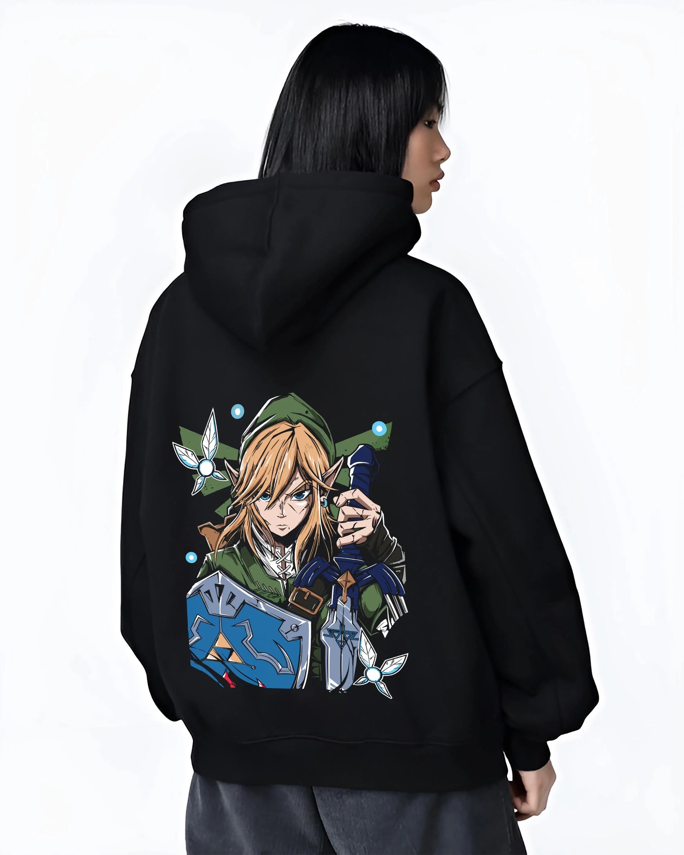 Black hoodie worn by female model, back view with Demon Slayer Douma Eye Mask Hoodie Upper Moon graphic premium wear.