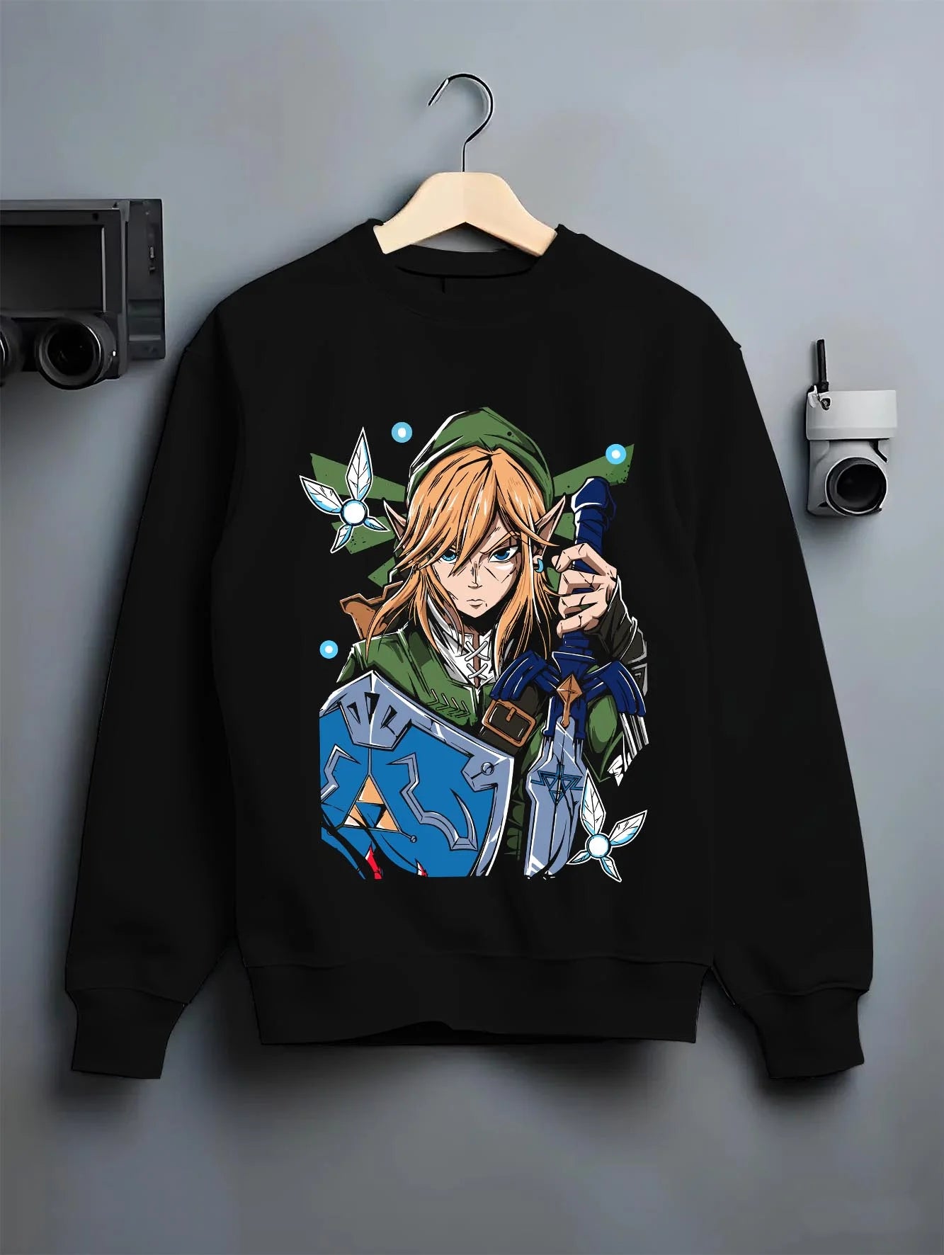 Black crewneck sweatshirt on hanger with Demon Slayer Douma Eye Mask Hoodie Upper Moon graphic premium wear.