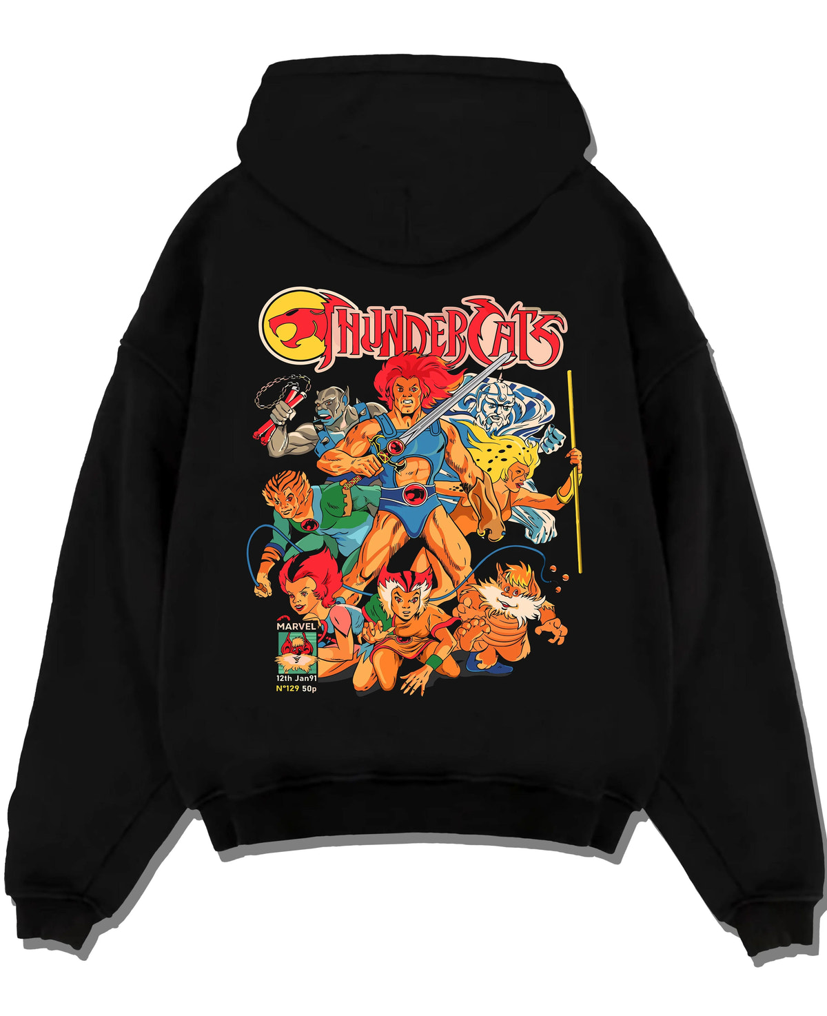 Black hoodie laid flat featuring Lion-O and the ThunderCats team artwork.