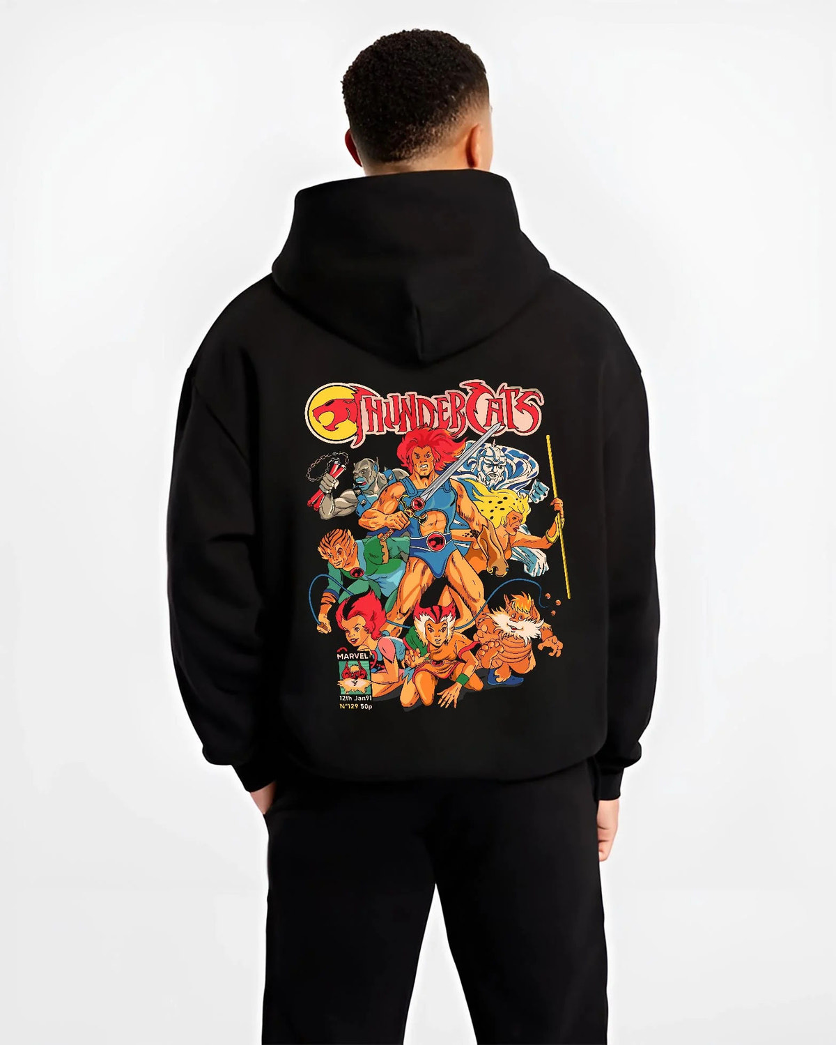 Black hoodie worn by male model from the back featuring Lion-O and the ThunderCats team artwork.