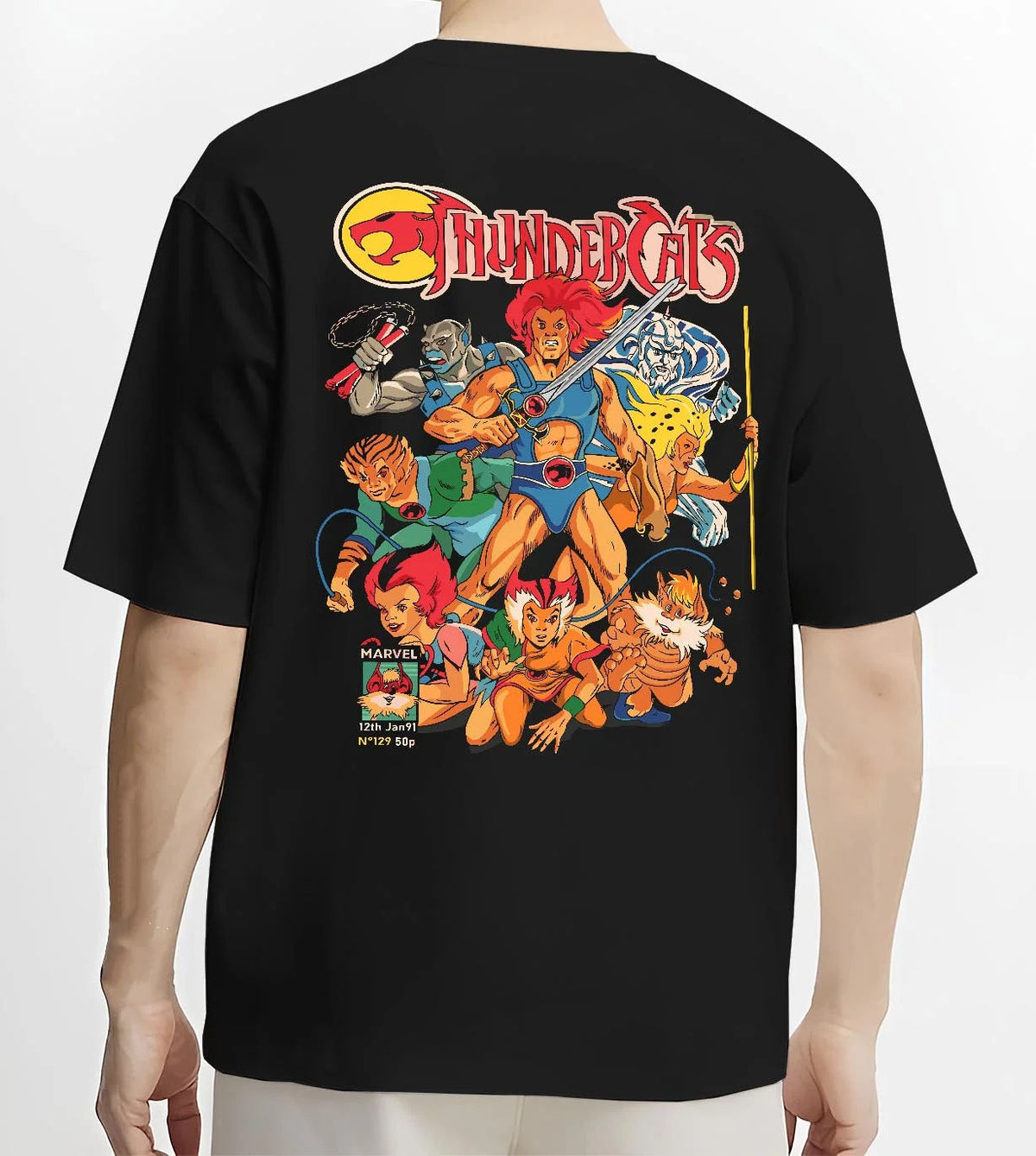 Black T-shirt worn by male model from the back featuring Lion-O and the ThunderCats team artwork.