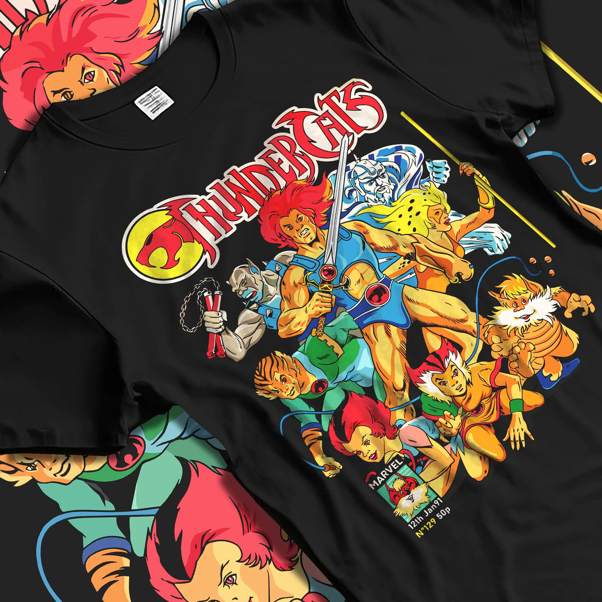 Black T-shirt laid flat with natural folds featuring Lion-O and the ThunderCats team artwork.