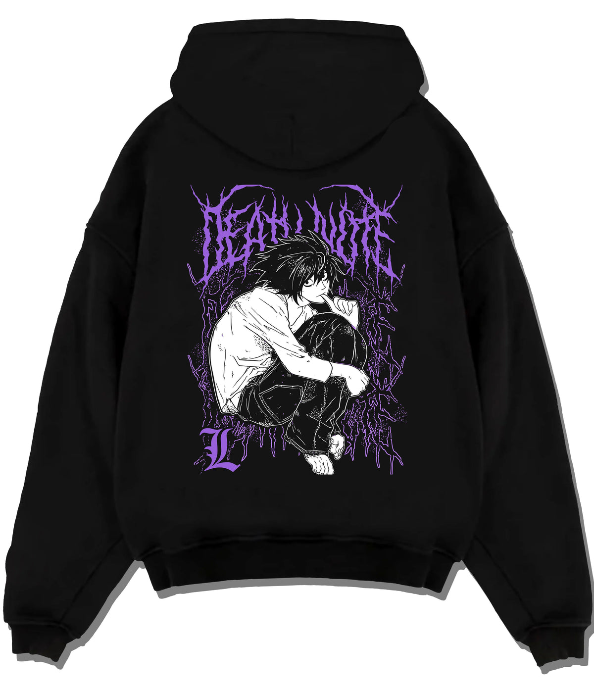 Black hoodie flat back view with L Lawliet crouching and thinking from Death Note illustrated back graphic