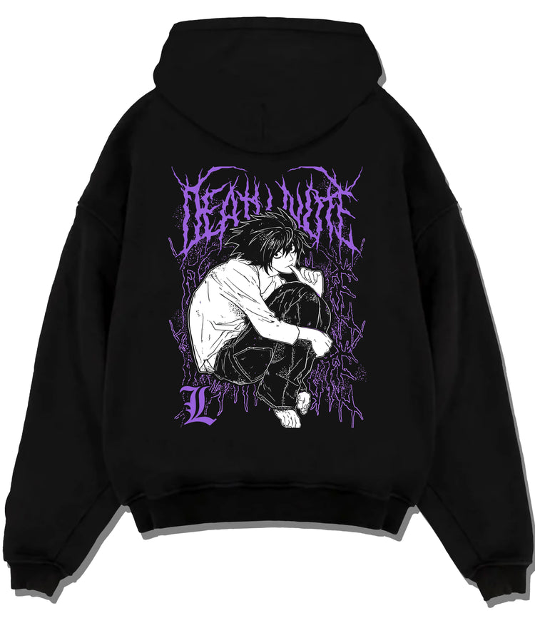 Black hoodie flat back view with L Lawliet crouching and thinking from Death Note illustrated back graphic