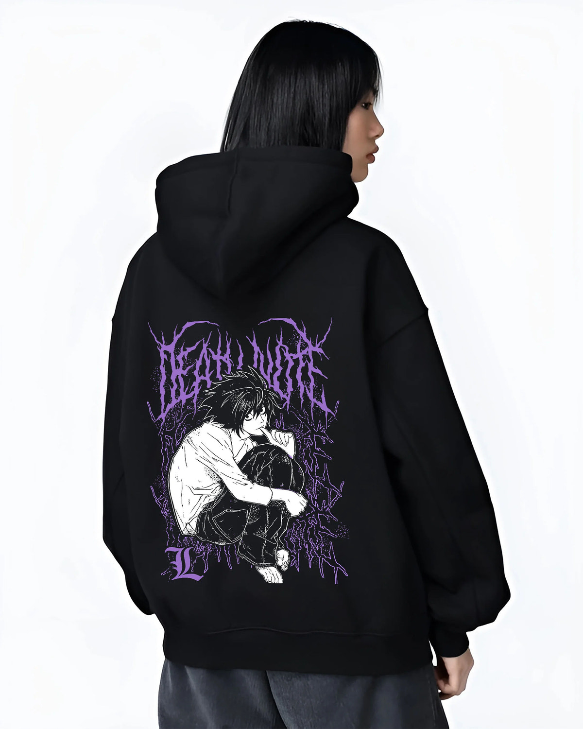 Black hoodie female model back view with L Lawliet crouching and thinking from Death Note illustrated back graphic