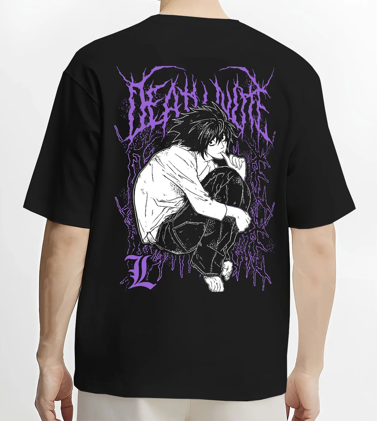 Black T-shirt model back view with L Lawliet crouching and thinking from Death Note illustrated back graphic